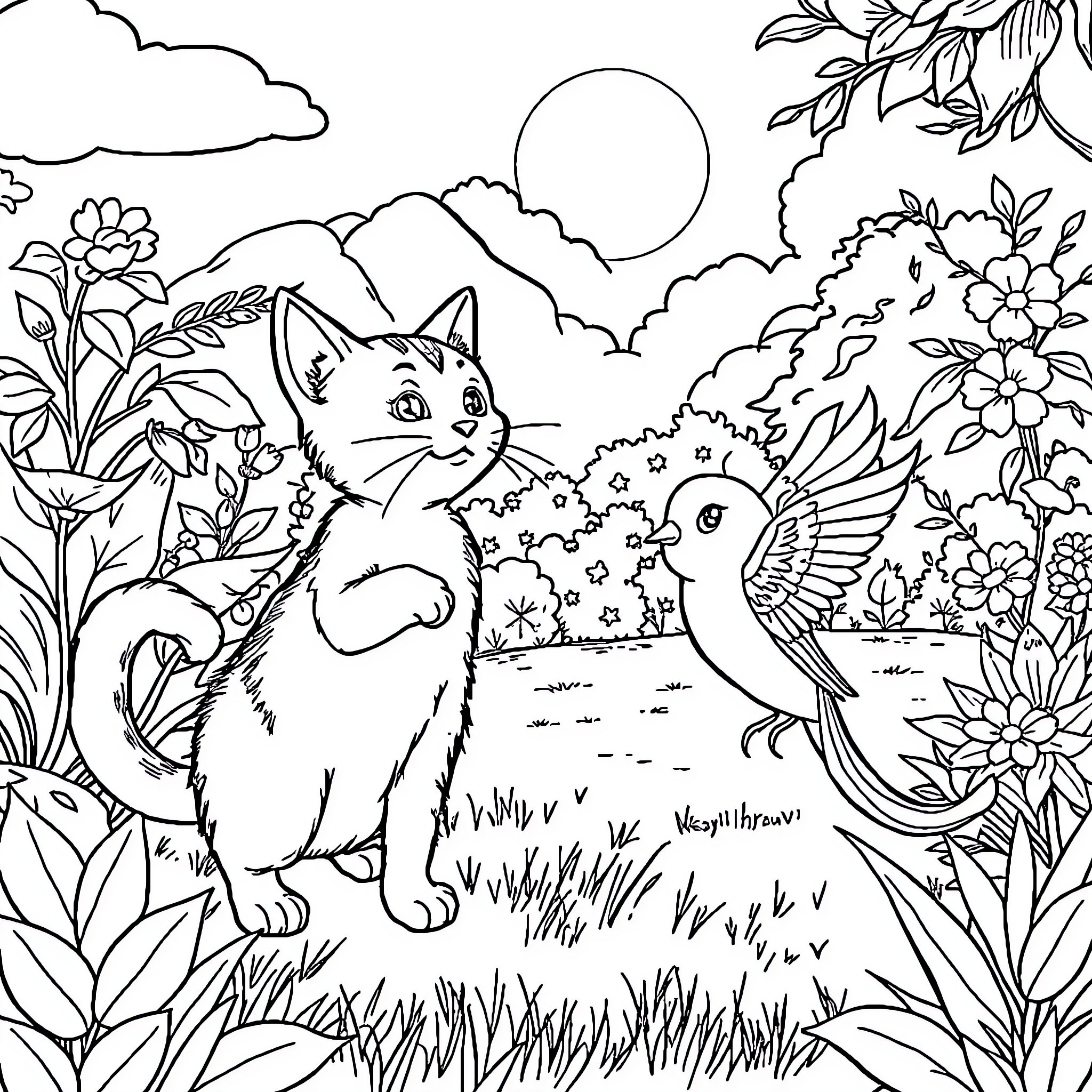 Cat exploring a nature scene with birds and flowers Coloring Page (free black-and-white line drawing printable PDF for all, from beginners to advanced learners, including children, teens, adults, and seniors)