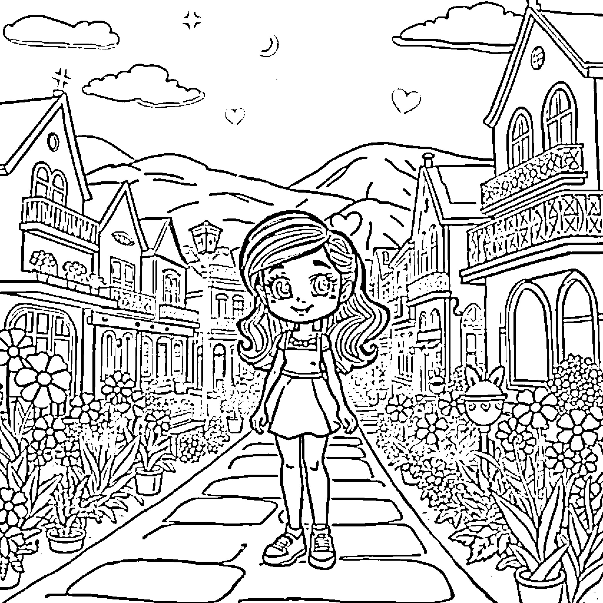 Mirabel's Magical Adventure in the Enchanted Town Coloring Page (free black-and-white line drawing printable PDF for all, from beginners to advanced learners, including children, teens, adults, and seniors)