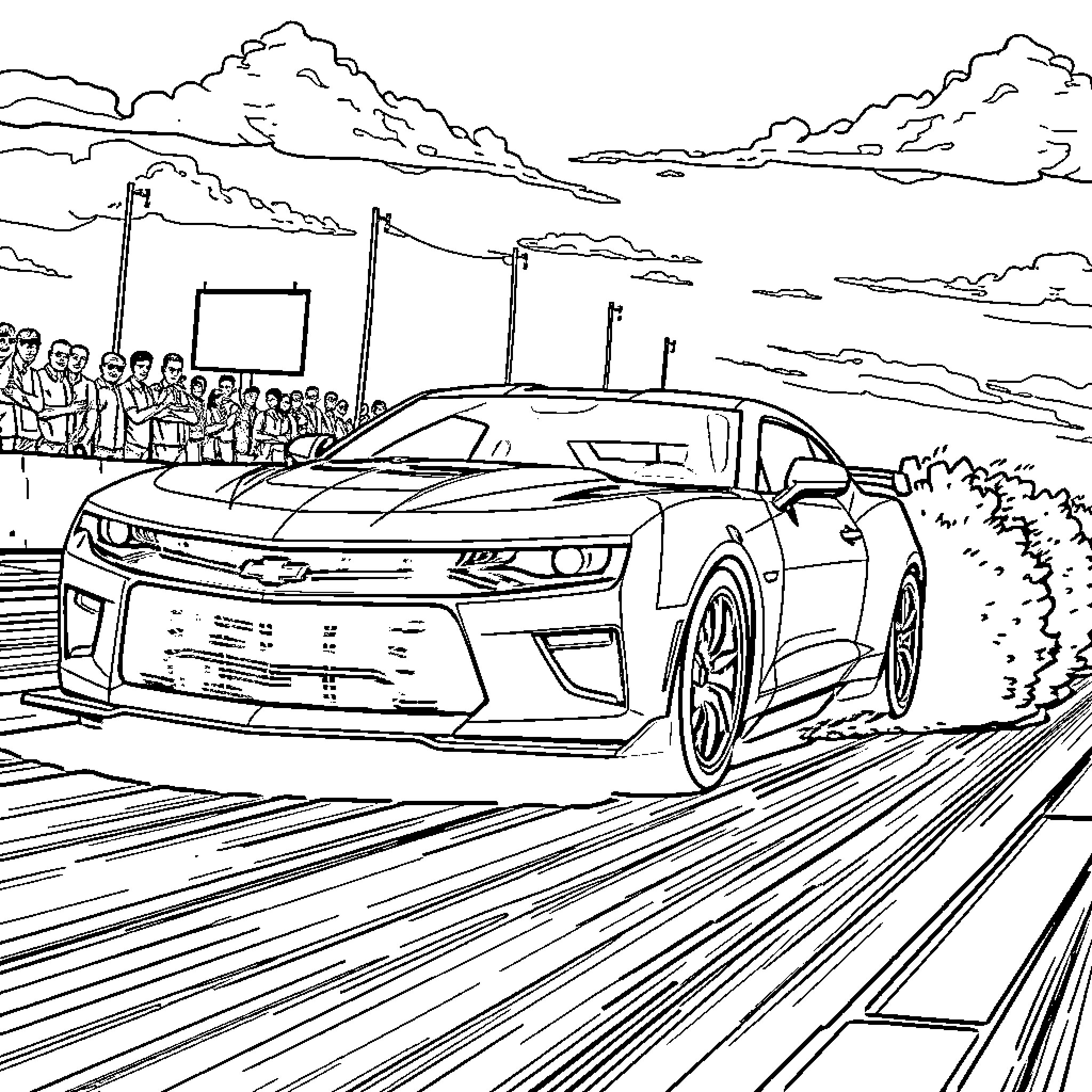 Chevy Camaro racing on a track with spectators Coloring Page (free black-and-white line drawing printable PDF for all, from beginners to advanced learners, including children, teens, adults, and seniors)