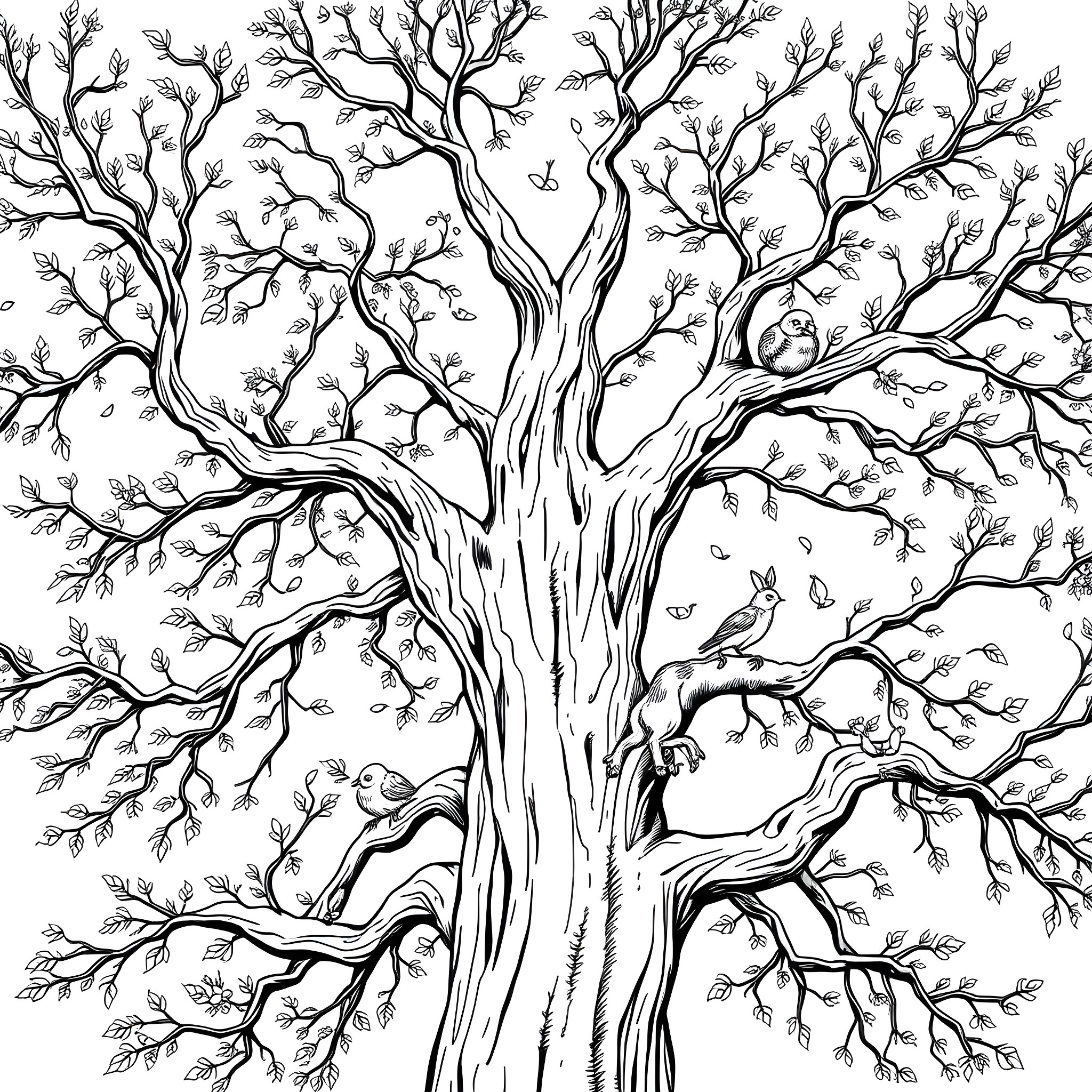 Cat tree with intricate branches and wildlife Coloring Page (free black-and-white line drawing printable PDF for all, from beginners to advanced learners, including children, teens, adults, and seniors)