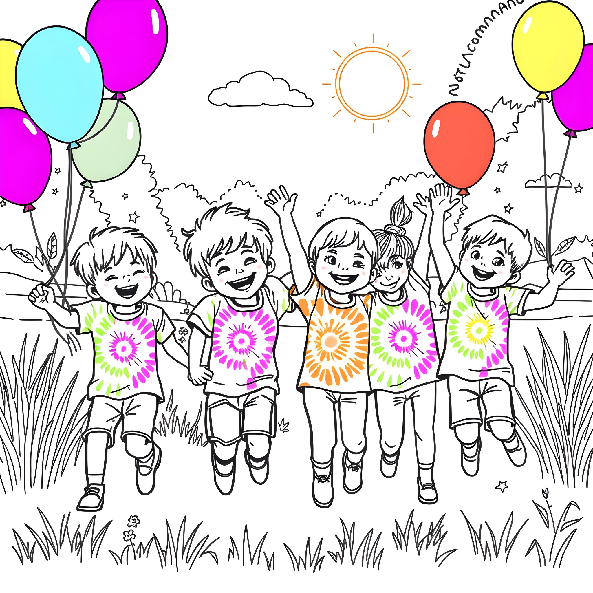 Kid friends jumping with colorful balloons in the park Coloring Page (free black-and-white line drawing printable PDF for all, from beginners to advanced learners, including children, teens, adults, and seniors)