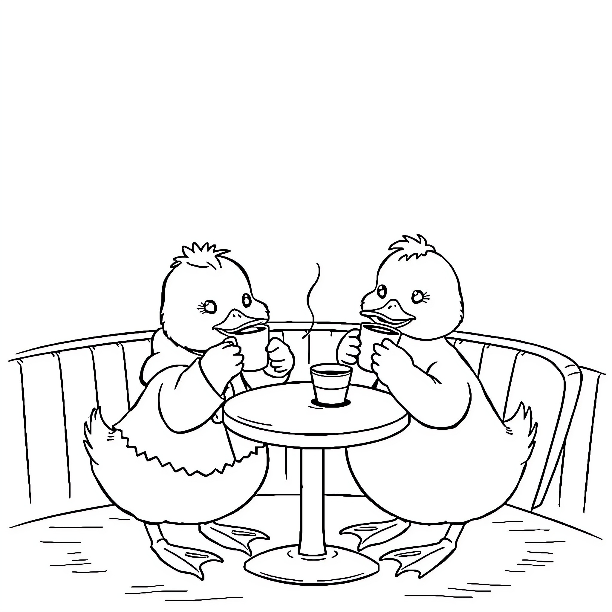 Duck friends enjoying a friendly beverage Coloring Page (free black-and-white line drawing printable PDF for all, from beginners to advanced learners, including children, teens, adults, and seniors)