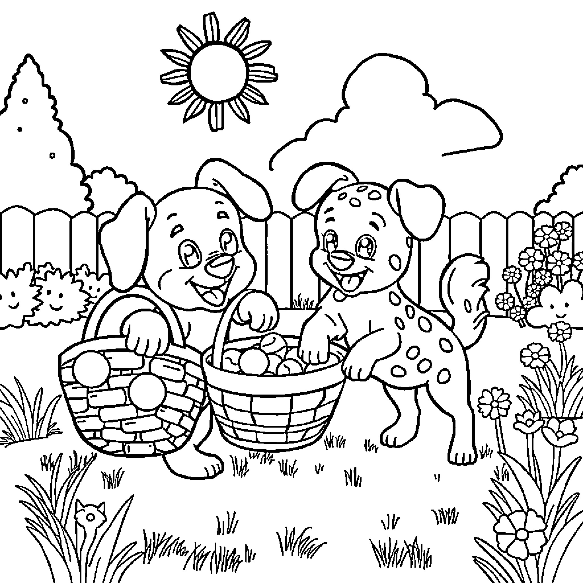 Bluey and Bingo playing with puppies in the garden Coloring Page (free black-and-white line drawing printable PDF for all, from beginners to advanced learners, including children, teens, adults, and seniors)