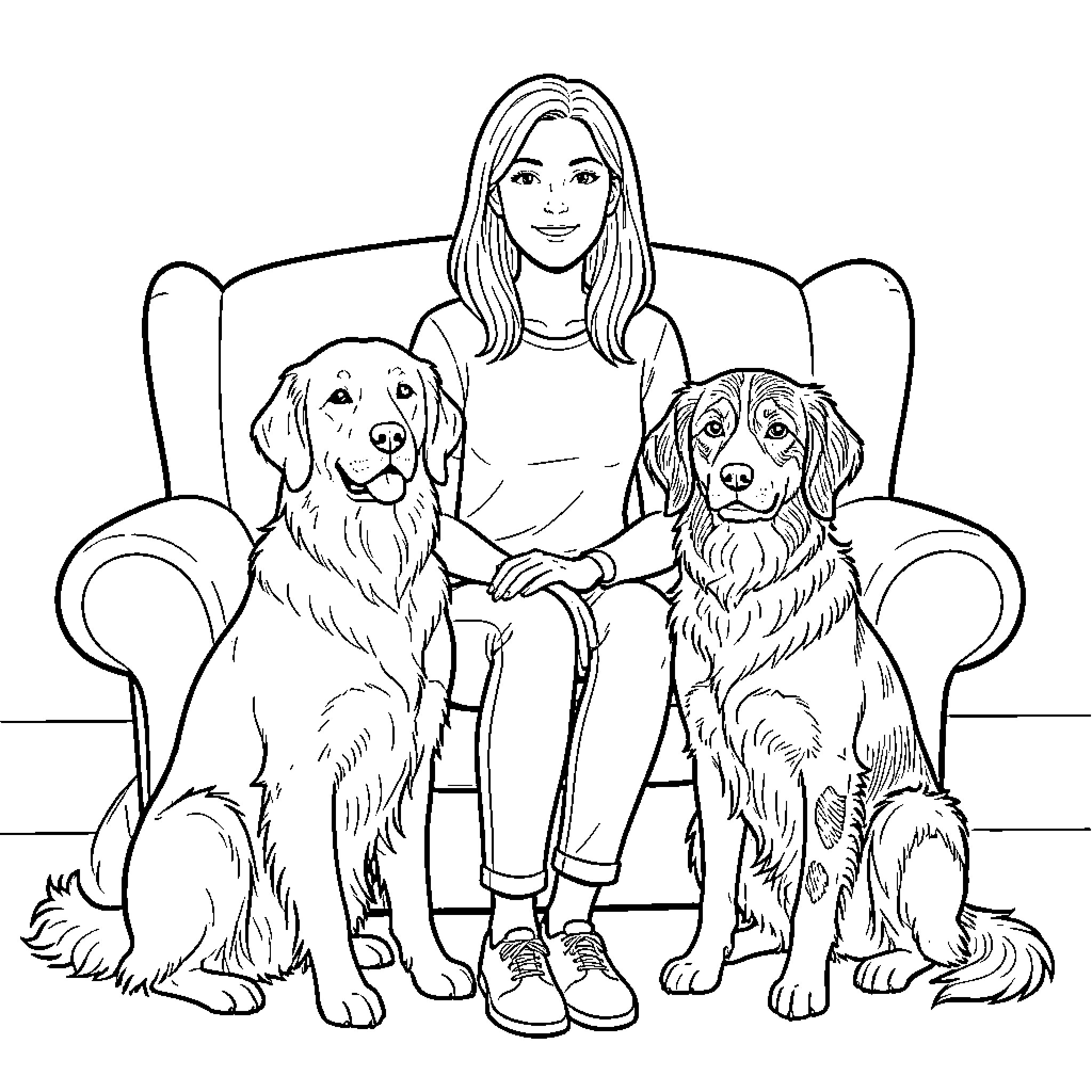 Woman with her dogs sitting on a couch Coloring Page (free black-and-white line drawing printable PDF for all, from beginners to advanced learners, including children, teens, adults, and seniors)