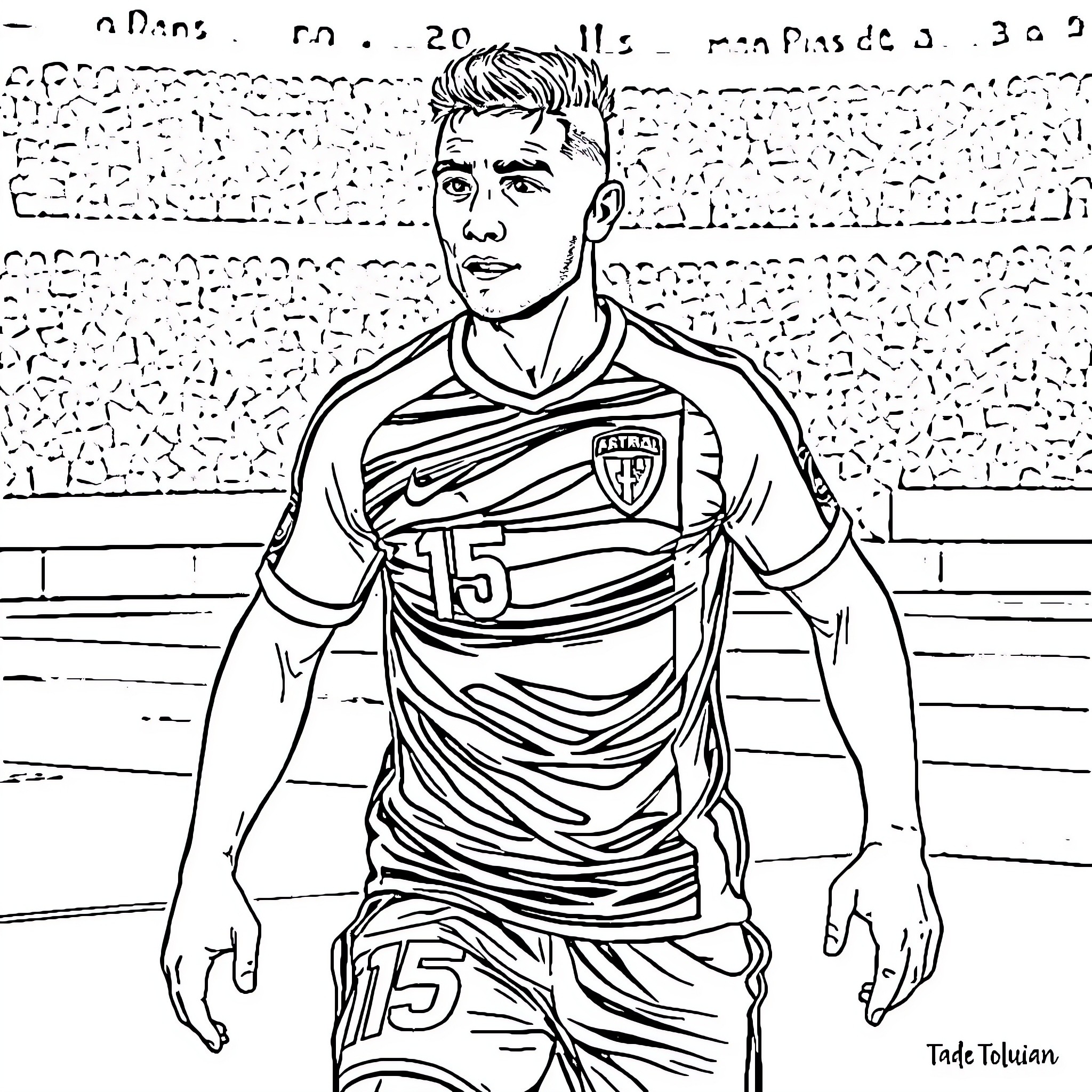 Joueur sur le terrain de soccer en tenue de match Coloring Page (free black-and-white line drawing printable PDF for all, from beginners to advanced learners, including children, teens, adults, and seniors)