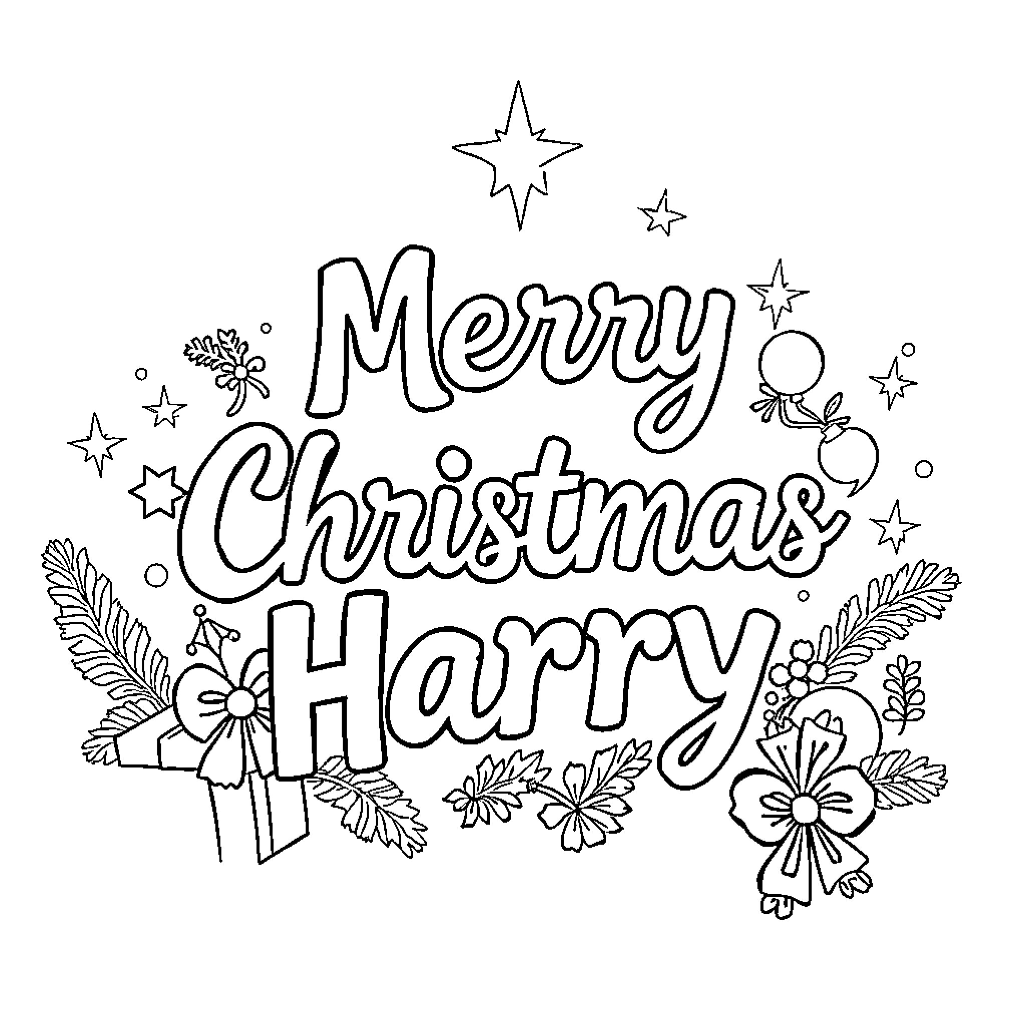 Harry's Merry Christmas and Happy Holidays Doodle Coloring Page (free black-and-white line drawing printable PDF for all, from beginners to advanced learners, including children, teens, adults, and seniors)
