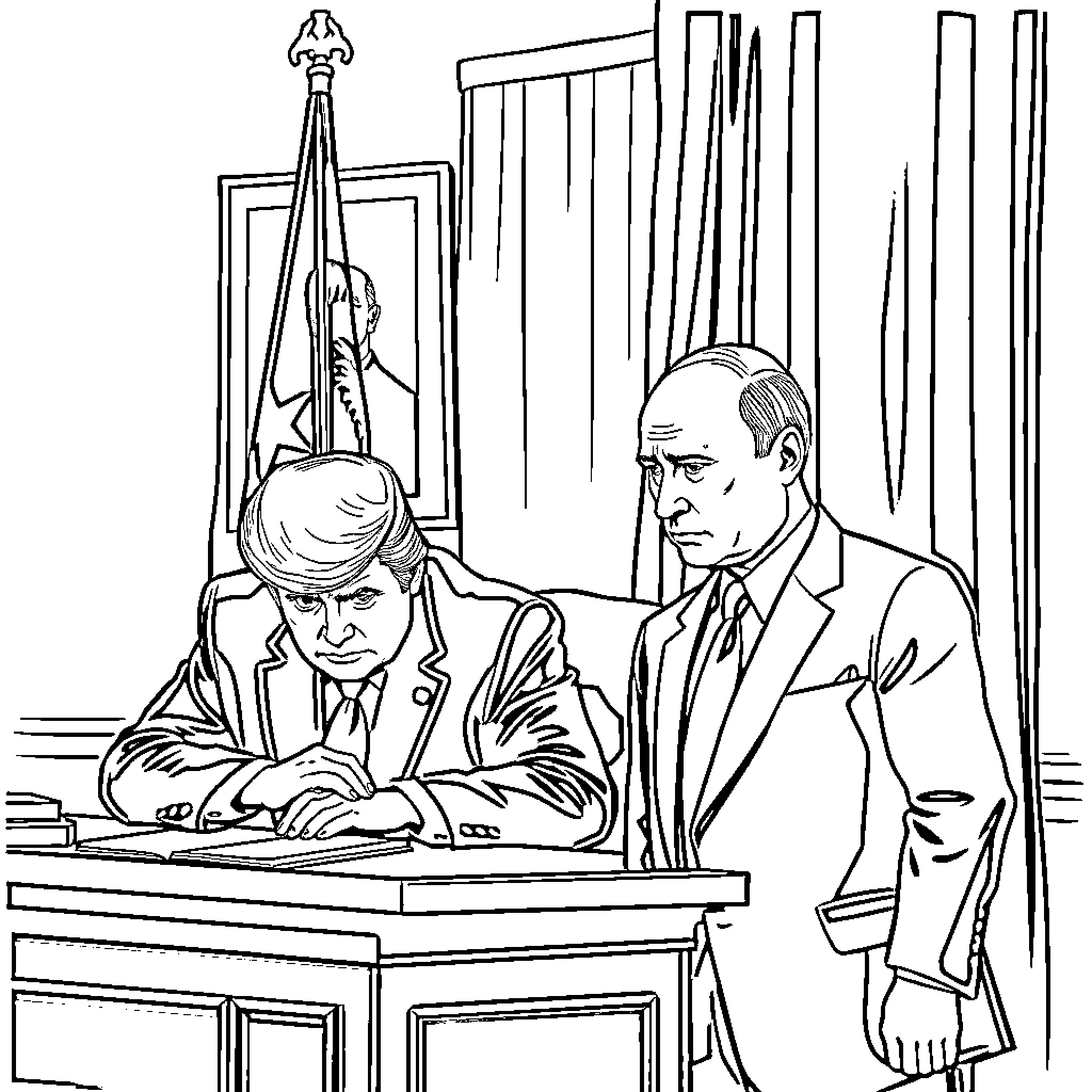Donald Trump signing documents at a desk with another man Coloring Page (free black-and-white line drawing printable PDF for all, from beginners to advanced learners, including children, teens, adults, and seniors)