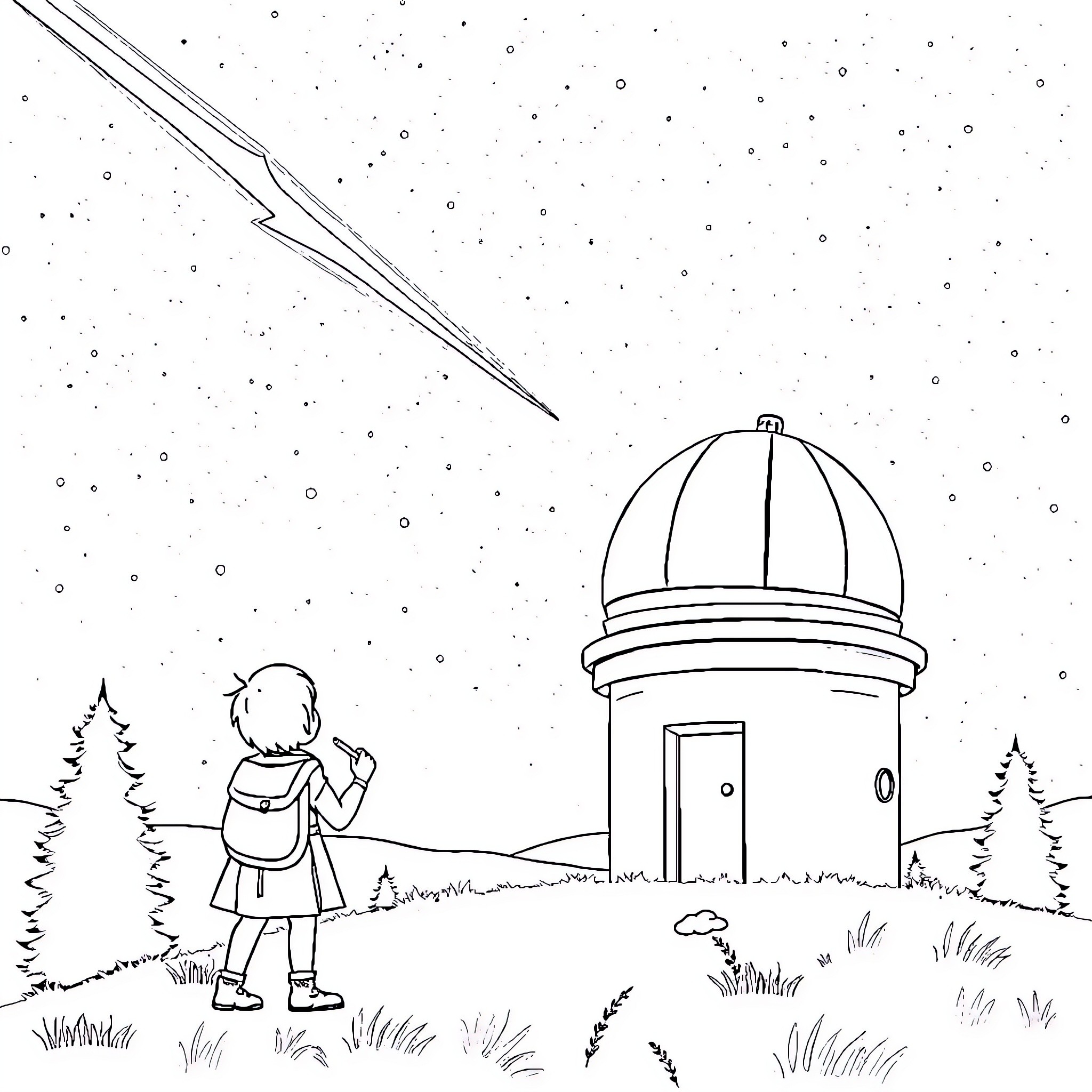 Telescope observing the night sky Coloring Page (free black-and-white line drawing printable PDF for all, from beginners to advanced learners, including children, teens, adults, and seniors)