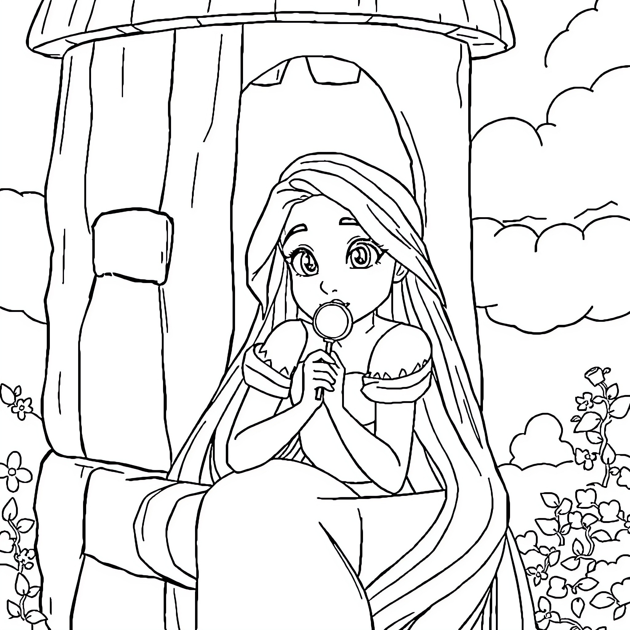 Rapunzel waiting patiently by the tower window Coloring Page (free black-and-white line drawing printable PDF for all, from beginners to advanced learners, including children, teens, adults, and seniors)