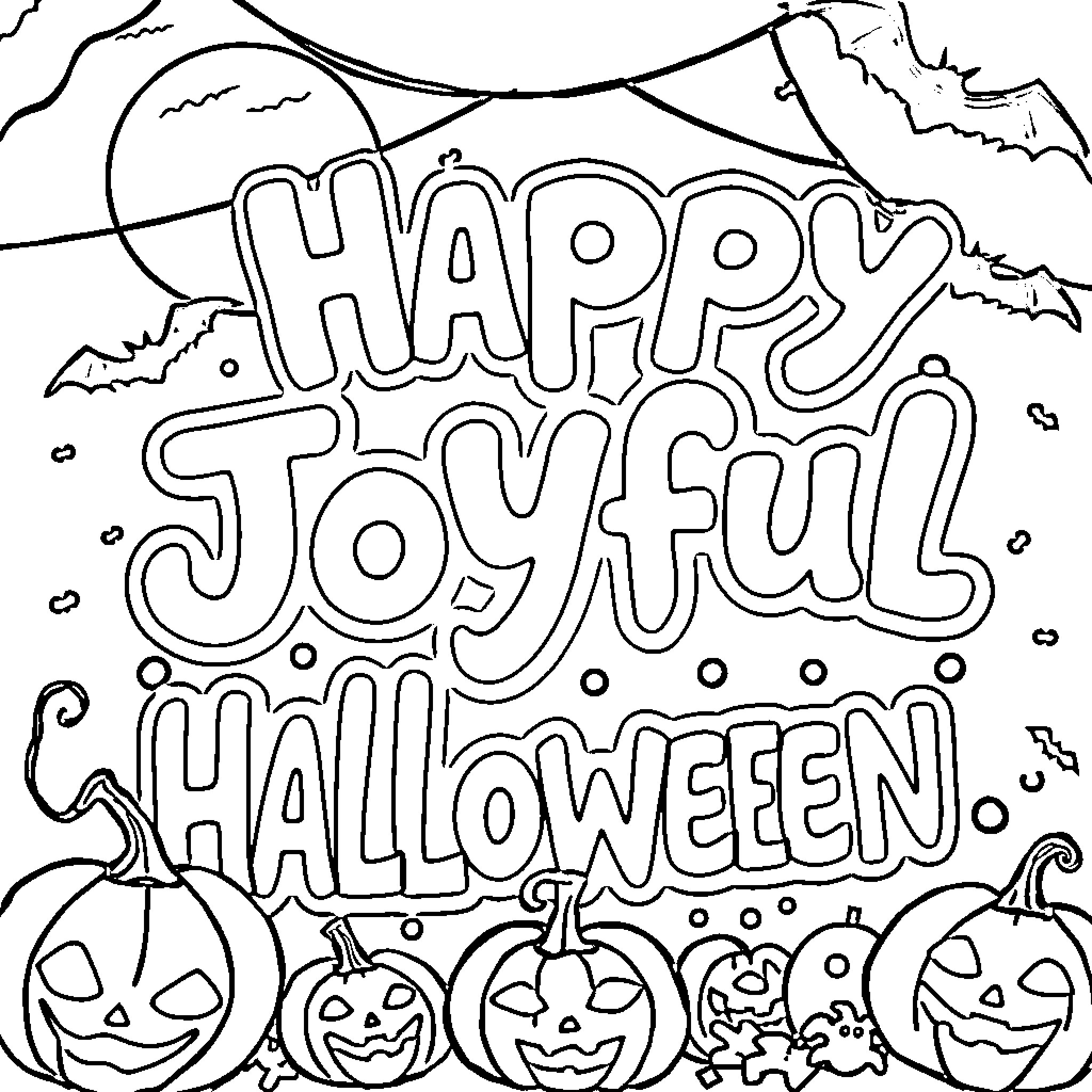 Happy Joyful Halloween with Pumpkins and Bats Coloring Page (free black-and-white line drawing printable PDF for all, from beginners to advanced learners, including children, teens, adults, and seniors)