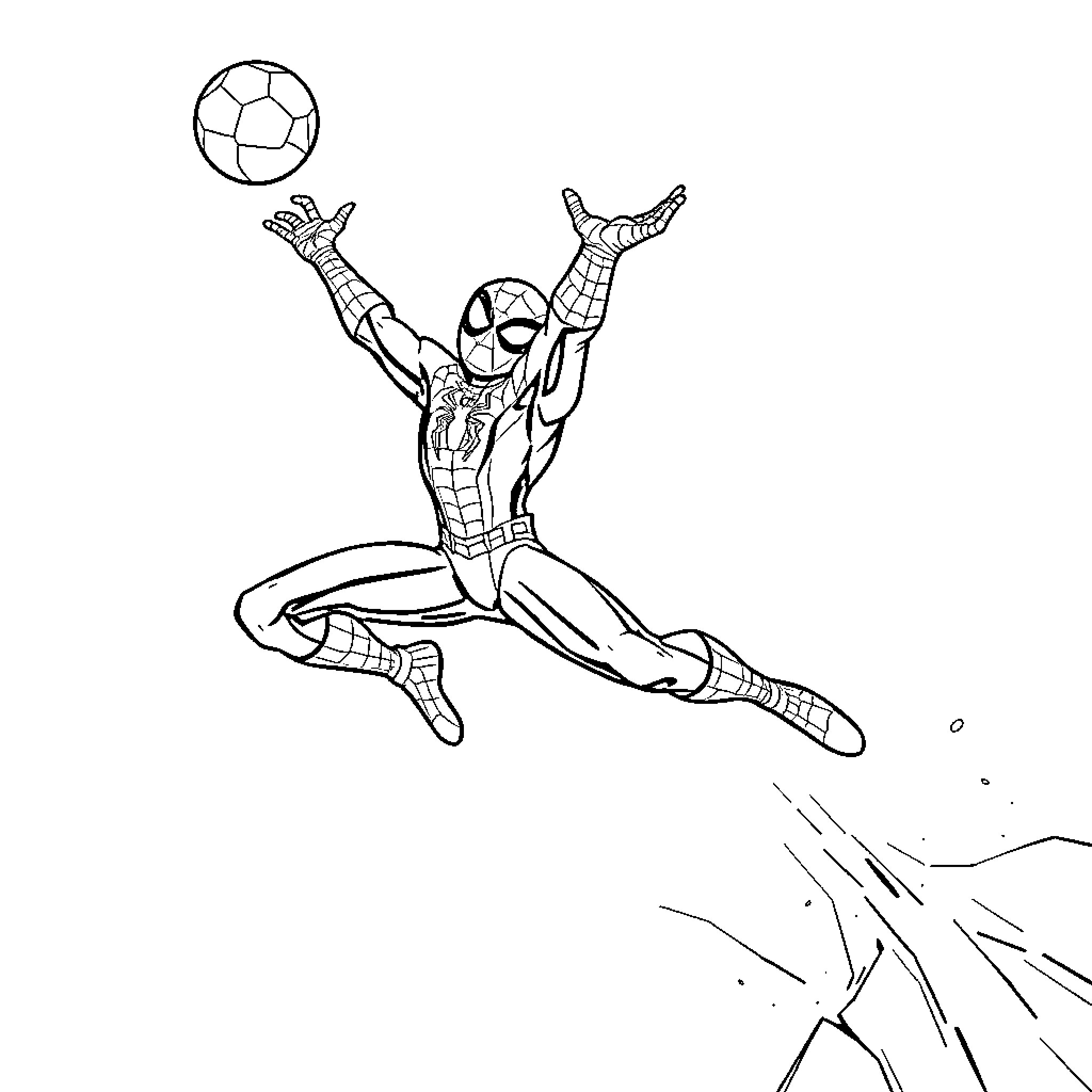Spider-Man soaring through the air with webbing Coloring Page (free black-and-white line drawing printable PDF for all, from beginners to advanced learners, including children, teens, adults, and seniors)