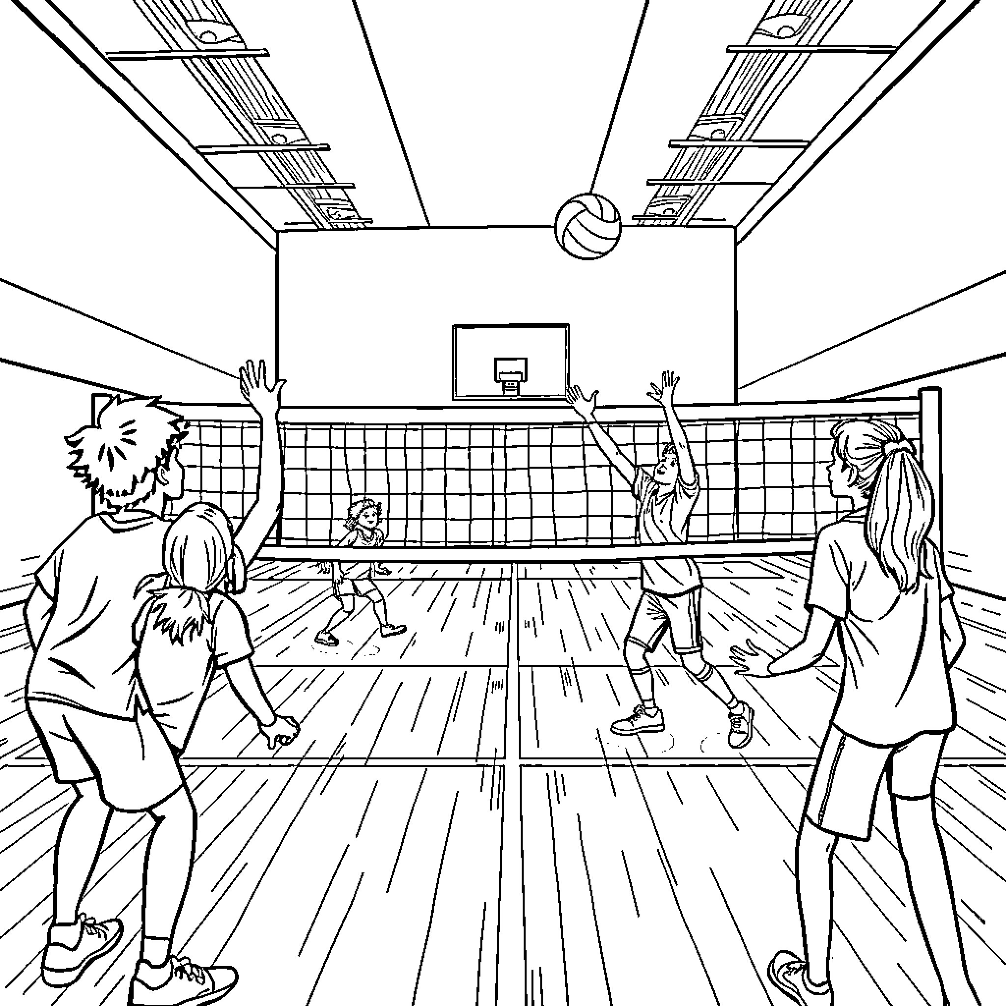Scientist team playing indoor volleyball match Coloring Page (free black-and-white line drawing printable PDF for all, from beginners to advanced learners, including children, teens, adults, and seniors)