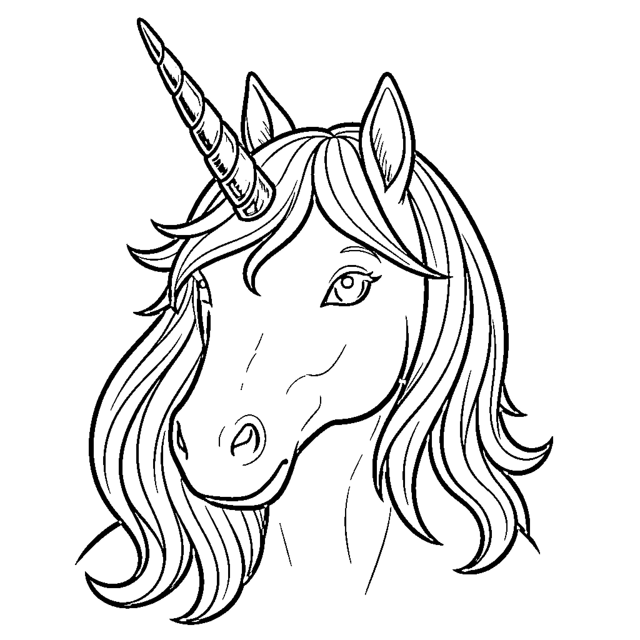 Unicorn with flowing mane and horn Coloring Page (free black-and-white line drawing printable PDF for all, from beginners to advanced learners, including children, teens, adults, and seniors)