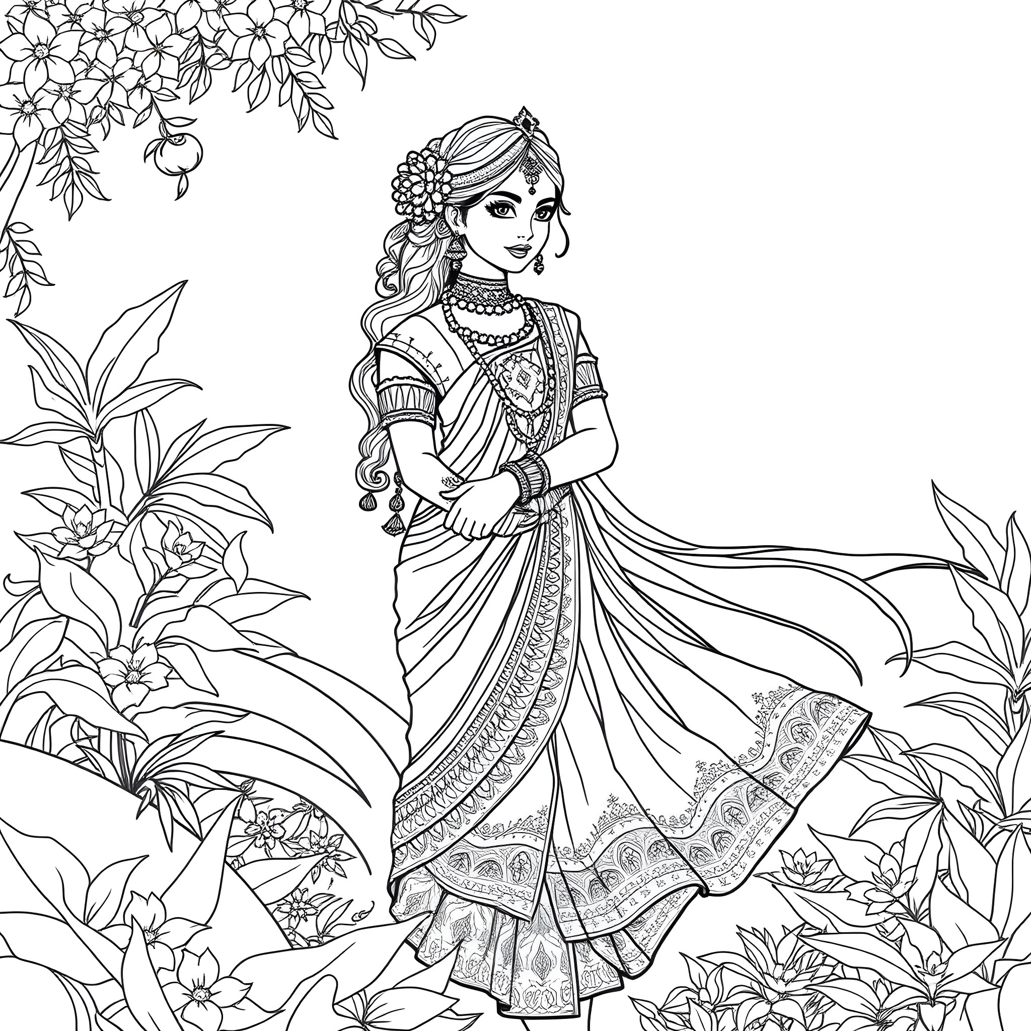 Girl in traditional Indian attire surrounded by floral motifs Coloring Page (free black-and-white line drawing printable PDF for all, from beginners to advanced learners, including children, teens, adults, and seniors)