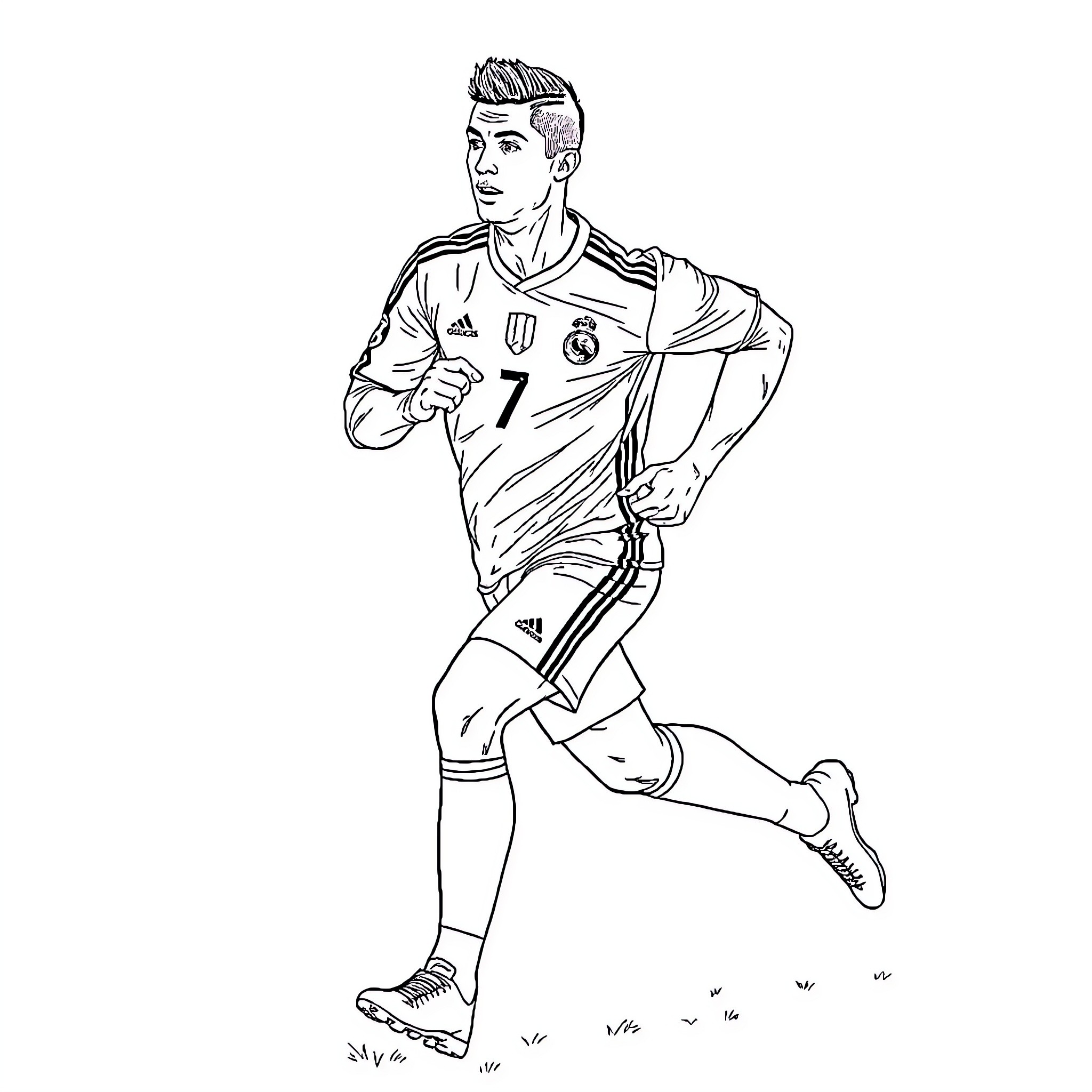 Cristiano Ronaldo in action on the soccer field Coloring Page (free black-and-white line drawing printable PDF for all, from beginners to advanced learners, including children, teens, adults, and seniors)