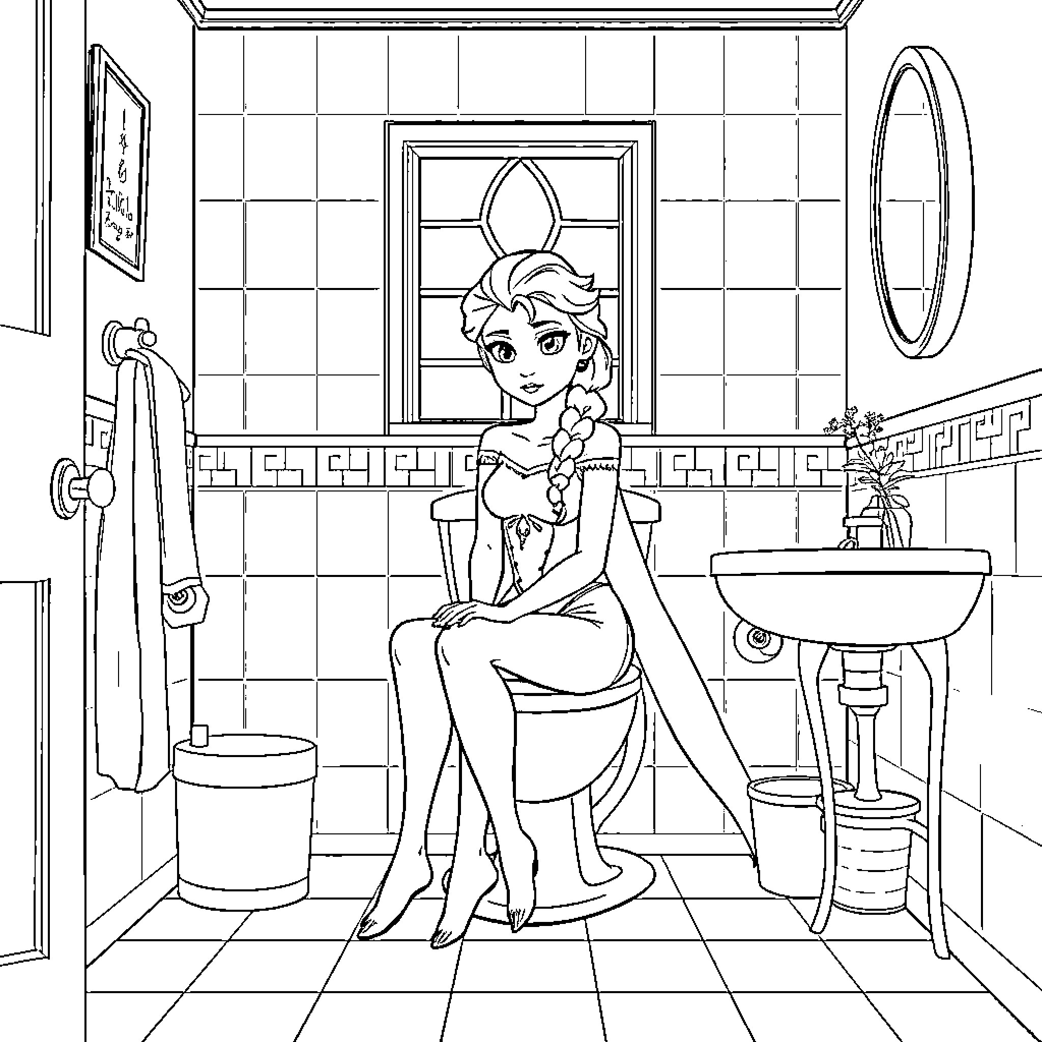Elsa's Serene Bathroom Moment Coloring Page (free black-and-white line drawing printable PDF for all, from beginners to advanced learners, including children, teens, adults, and seniors)