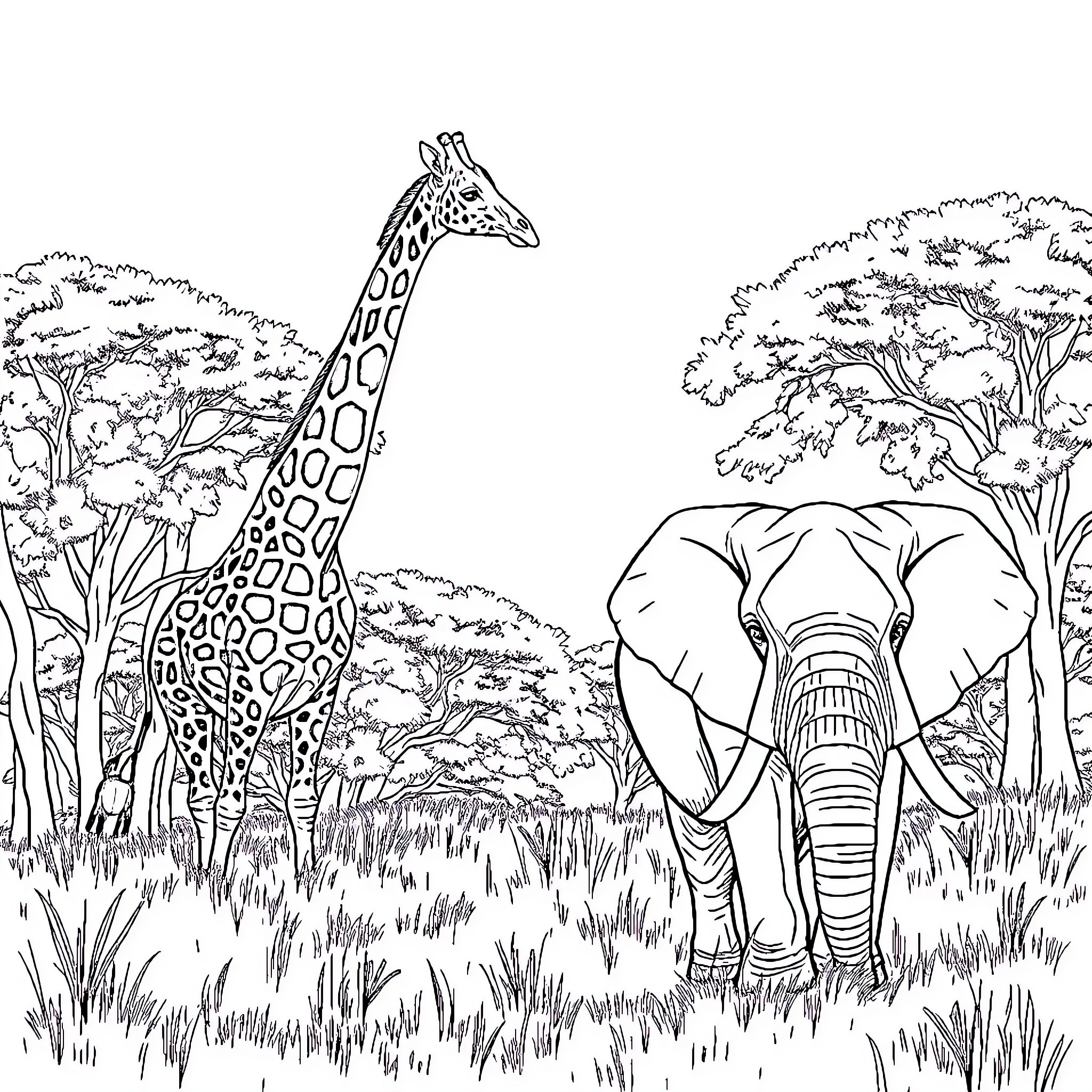 Giraffe and Elephant in the African Savanna Coloring Page (free black-and-white line drawing printable PDF for all, from beginners to advanced learners, including children, teens, adults, and seniors)