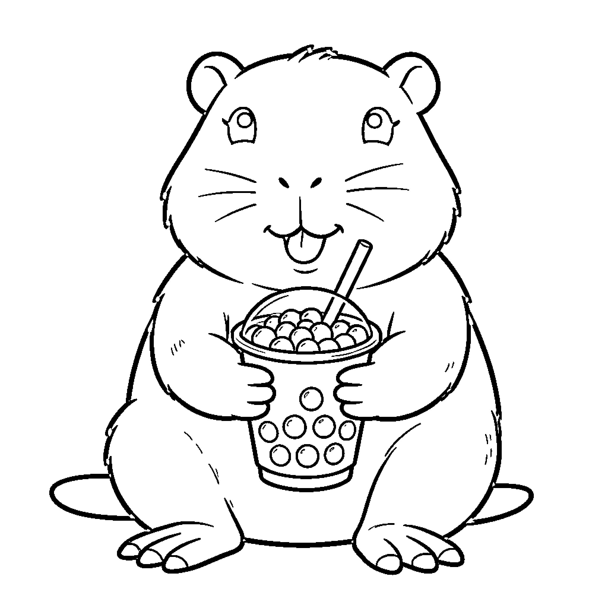 Capybara enjoying a bubble tea Coloring Page (free black-and-white line drawing printable PDF for all, from beginners to advanced learners, including children, teens, adults, and seniors)