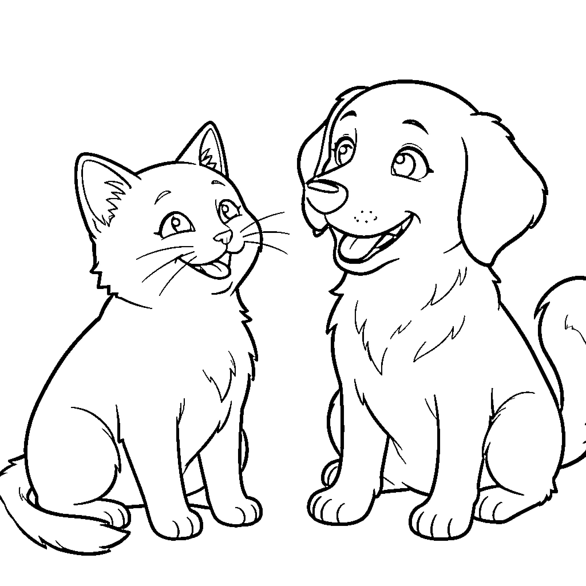 Cat and Dog Companions Coloring Page (free black-and-white line drawing printable PDF for all, from beginners to advanced learners, including children, teens, adults, and seniors)