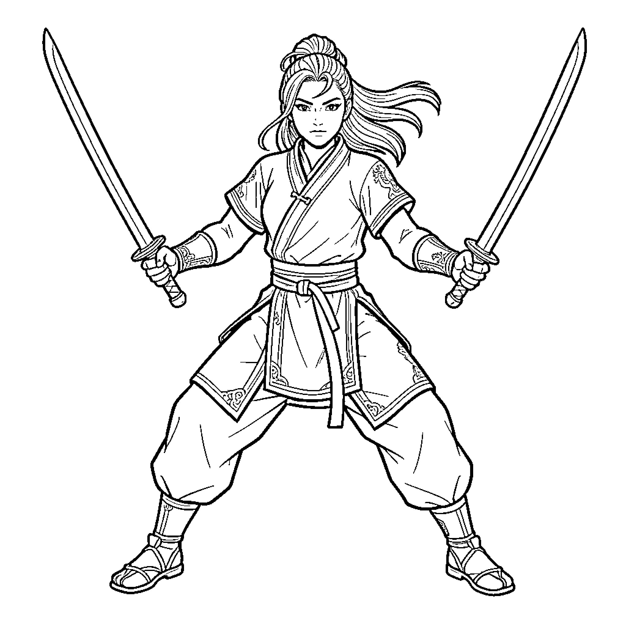 Wushu Warrior wielding dual swords in a fighting stance Coloring Page (free black-and-white line drawing printable PDF for all, from beginners to advanced learners, including children, teens, adults, and seniors)