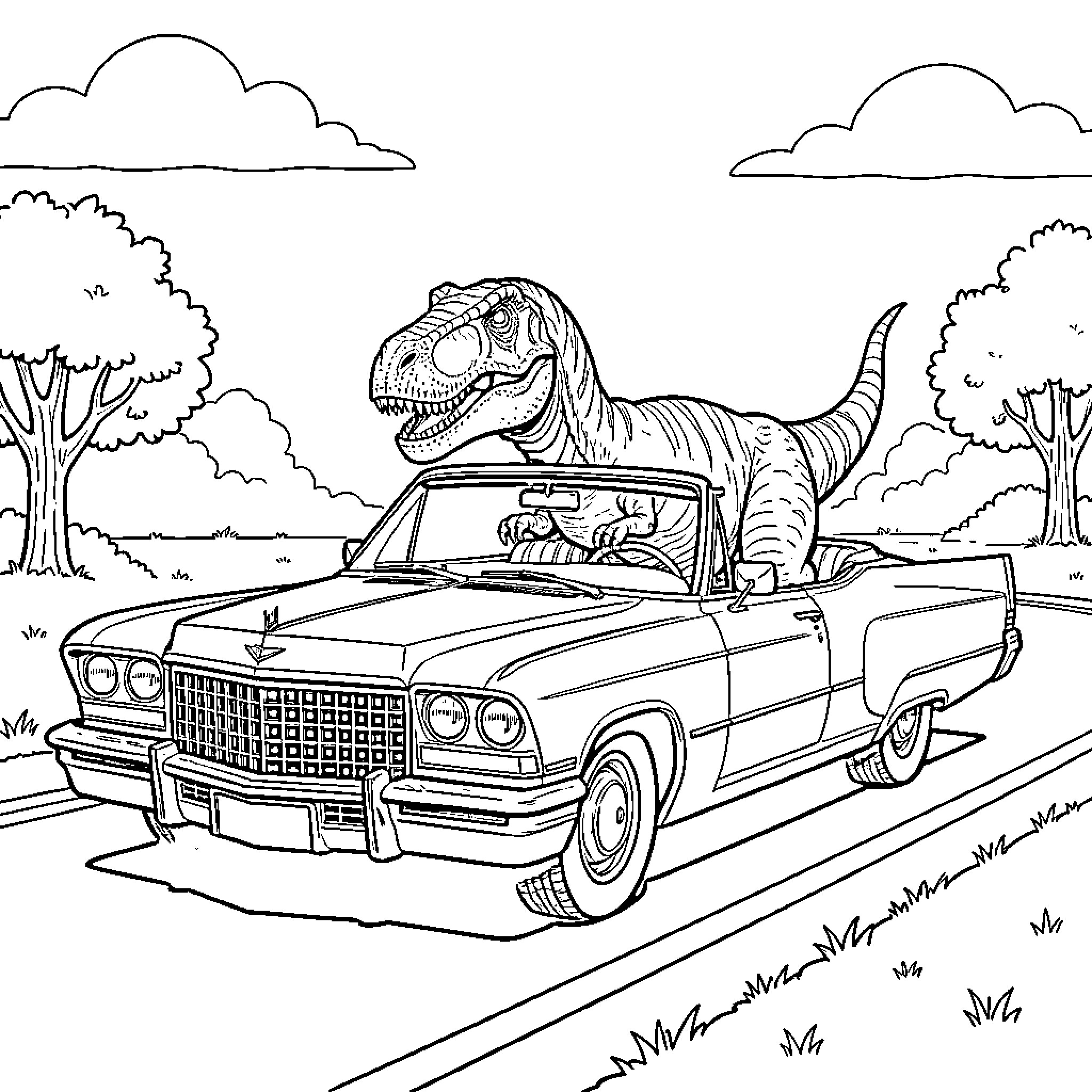 T-Rex driving a vintage convertible car through a park Coloring Page (free black-and-white line drawing printable PDF for all, from beginners to advanced learners, including children, teens, adults, and seniors)