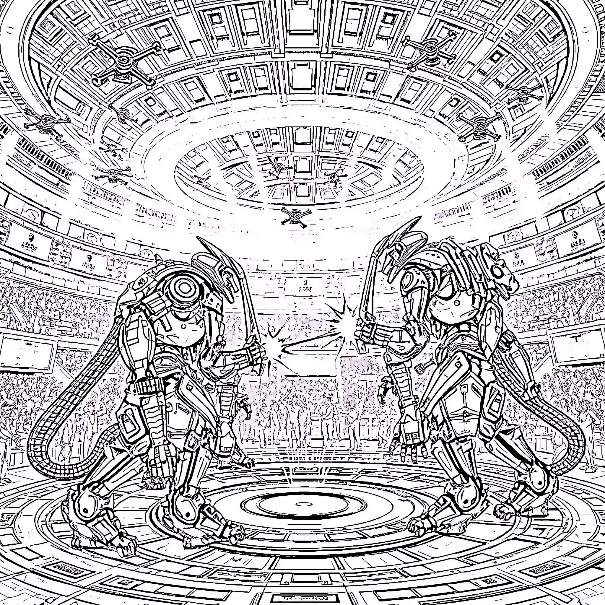 Robot warriors battling in a futuristic arena Coloring Page (free black-and-white line drawing printable PDF for all, from beginners to advanced learners, including children, teens, adults, and seniors)