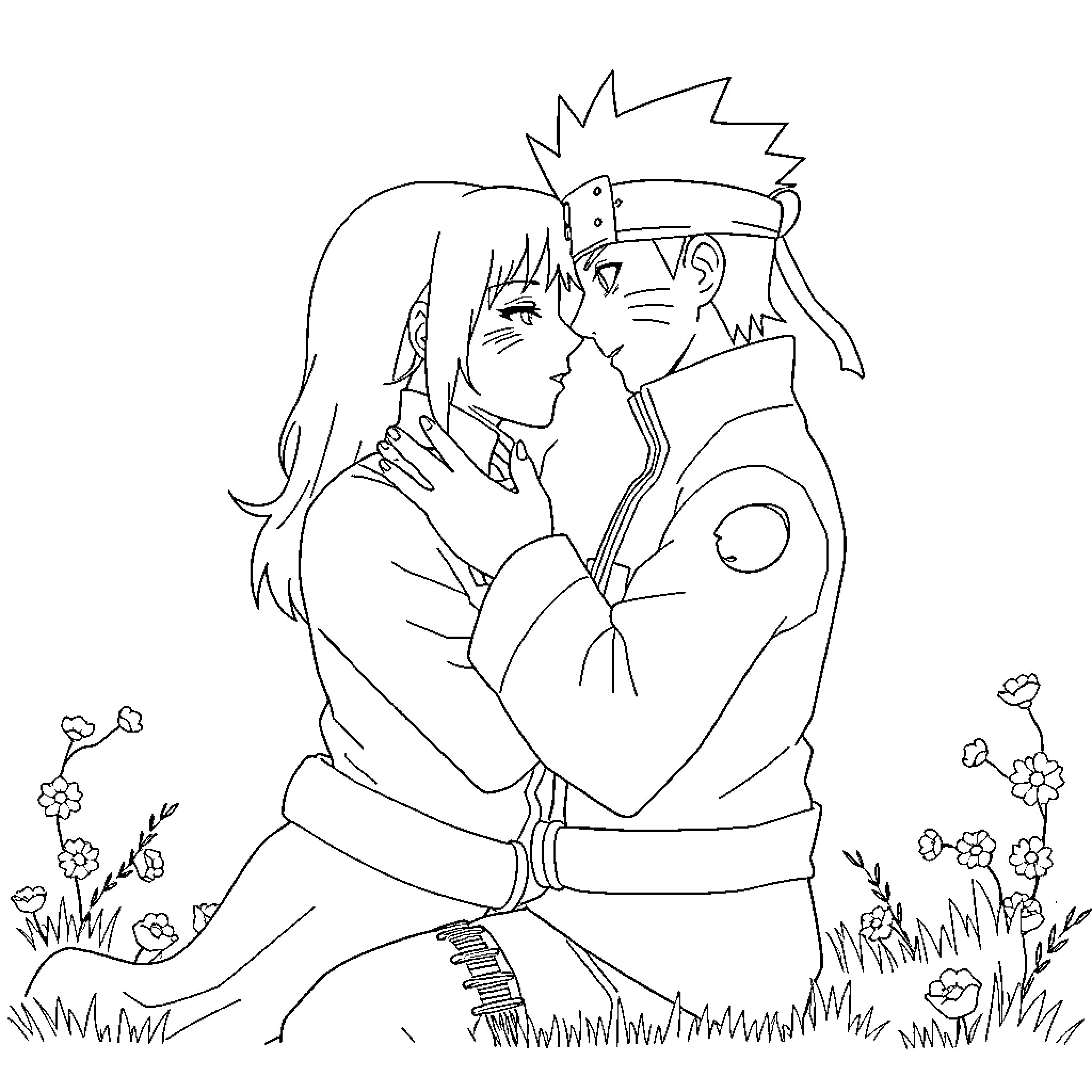 Naruto characters in a romantic embrace Coloring Page (free black-and-white line drawing printable PDF for all, from beginners to advanced learners, including children, teens, adults, and seniors)