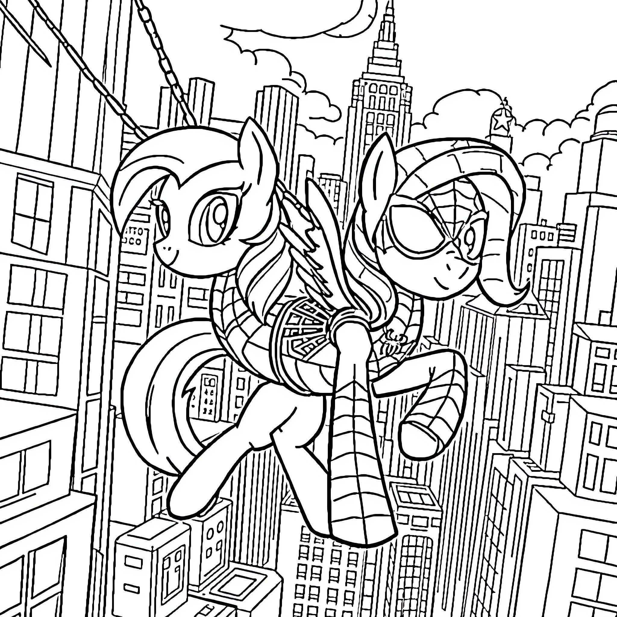 My Little Pony and Spider-Pony Explore the City Coloring Page (free black-and-white line drawing printable PDF for all, from beginners to advanced learners, including children, teens, adults, and seniors)