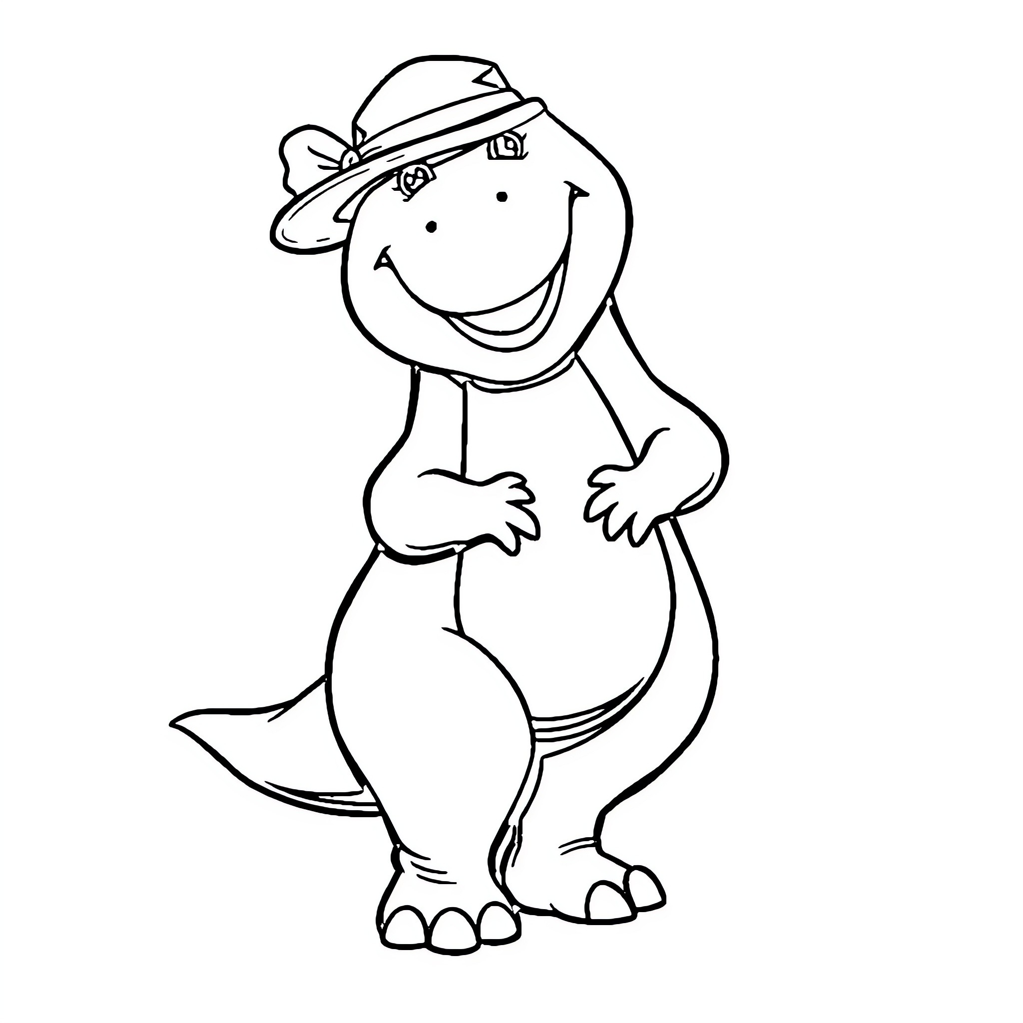 Barney the friendly dinosaur in a silly outfit Coloring Page (free black-and-white line drawing printable PDF for all, from beginners to advanced learners, including children, teens, adults, and seniors)