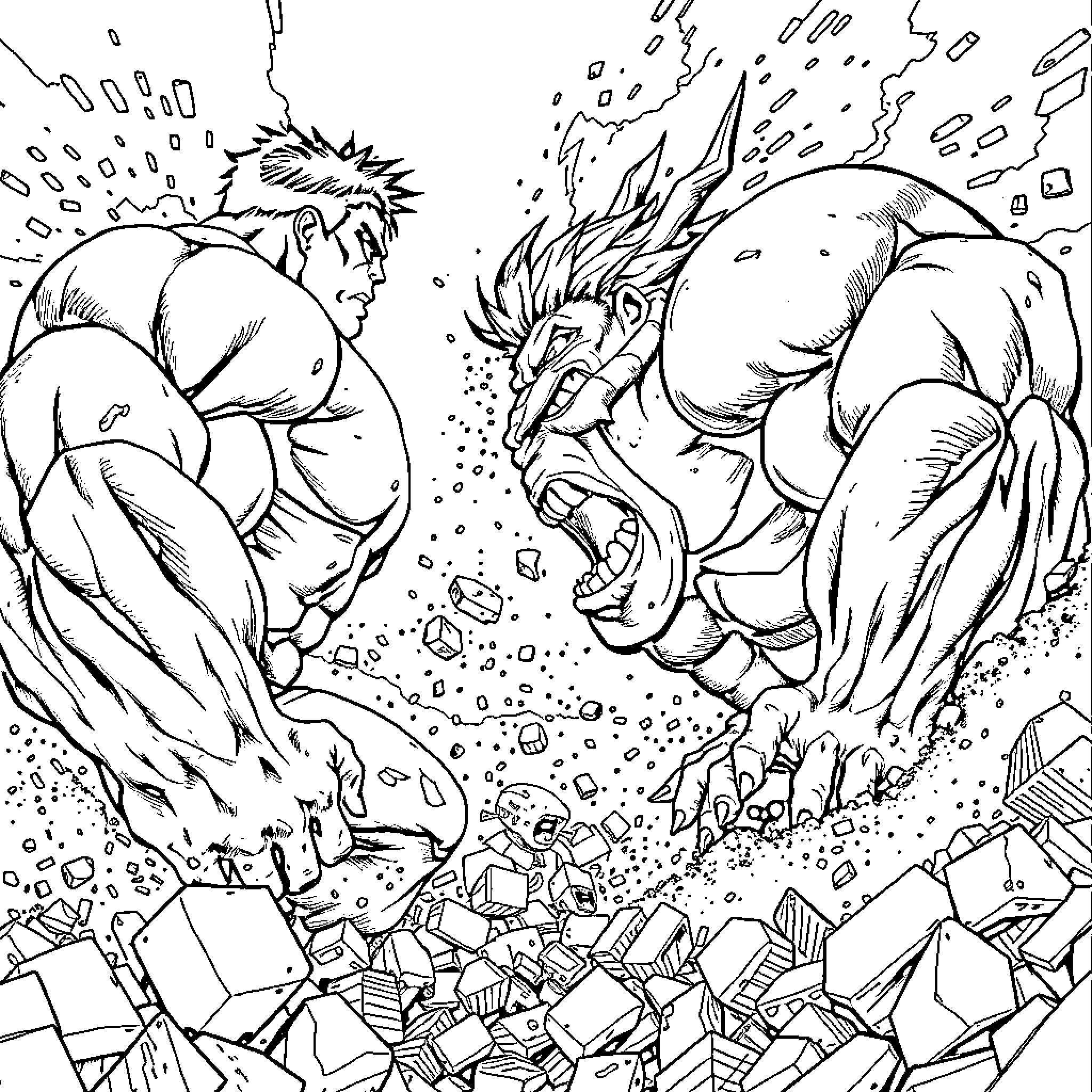 Hulk Battling Fierce Opponents Amidst Chaos Coloring Page (free black-and-white line drawing printable PDF for all, from beginners to advanced learners, including children, teens, adults, and seniors)