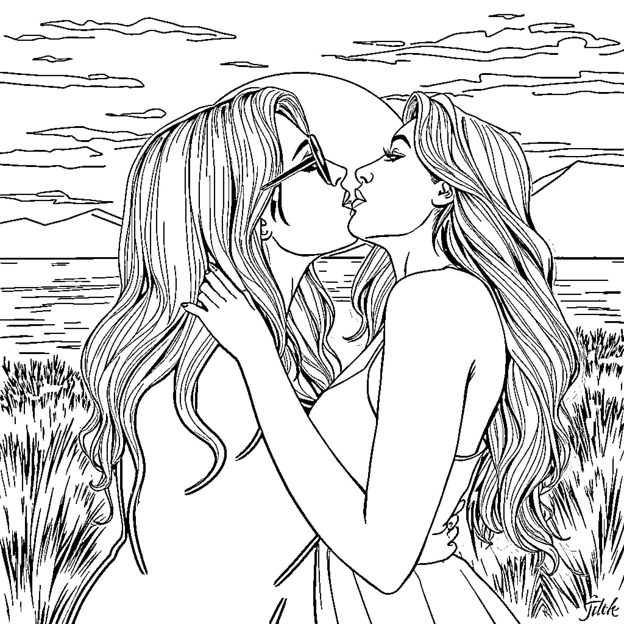 Megan Fox and companion embrace in serene outdoors Coloring Page (free black-and-white line drawing printable PDF for all, from beginners to advanced learners, including children, teens, adults, and seniors)