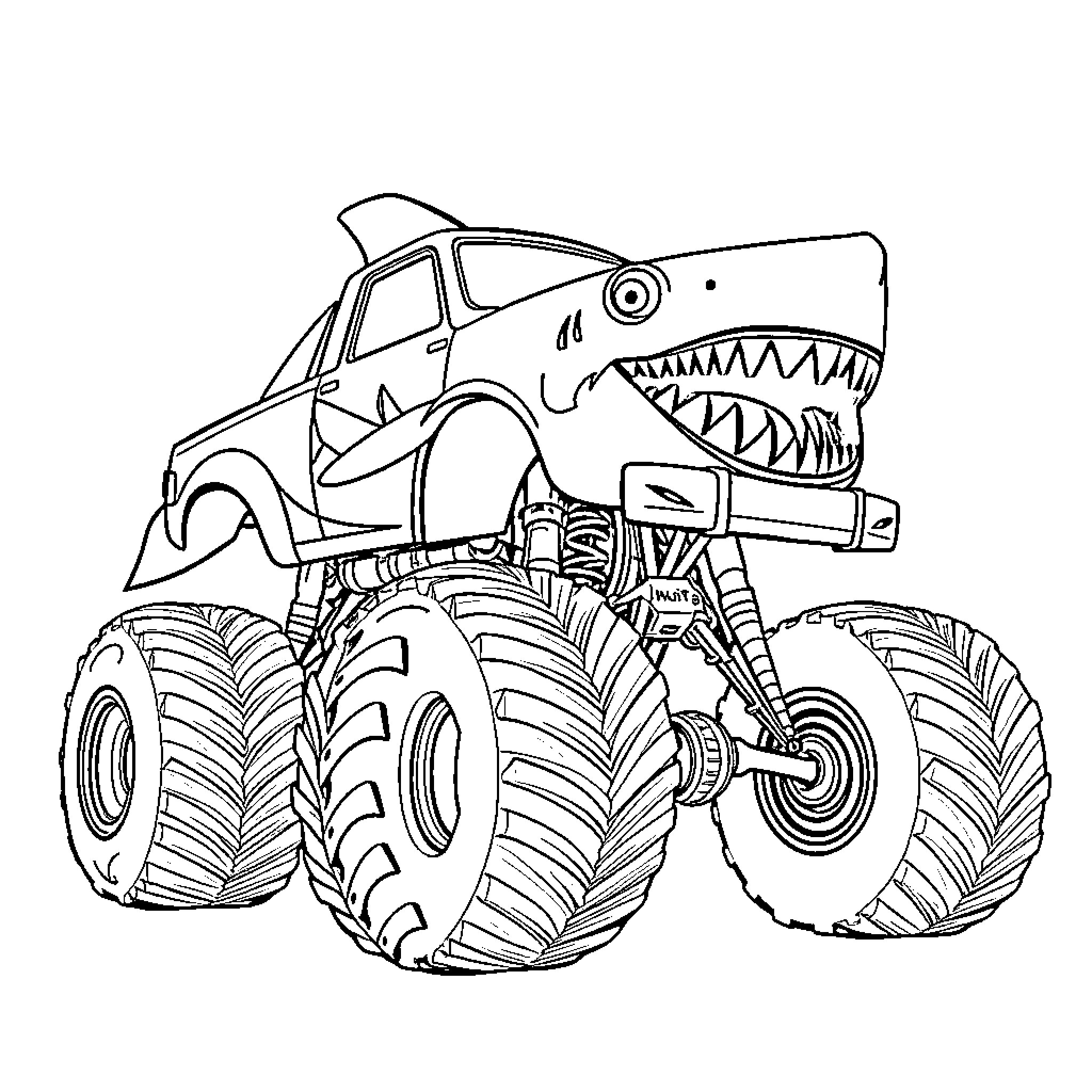 Monster Truck with Shark Jaws and Oversized Wheels Coloring Page (free black-and-white line drawing printable PDF for all, from beginners to advanced learners, including children, teens, adults, and seniors)