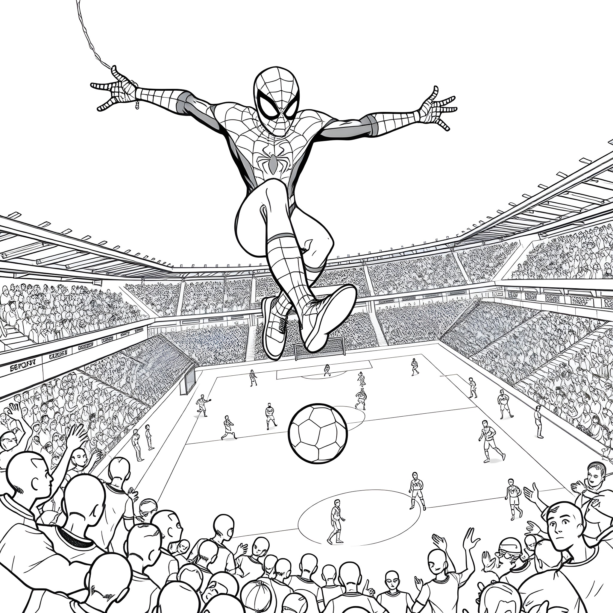 Spiderman soaring through the air over a soccer stadium Coloring Page (free black-and-white line drawing printable PDF for all, from beginners to advanced learners, including children, teens, adults, and seniors)