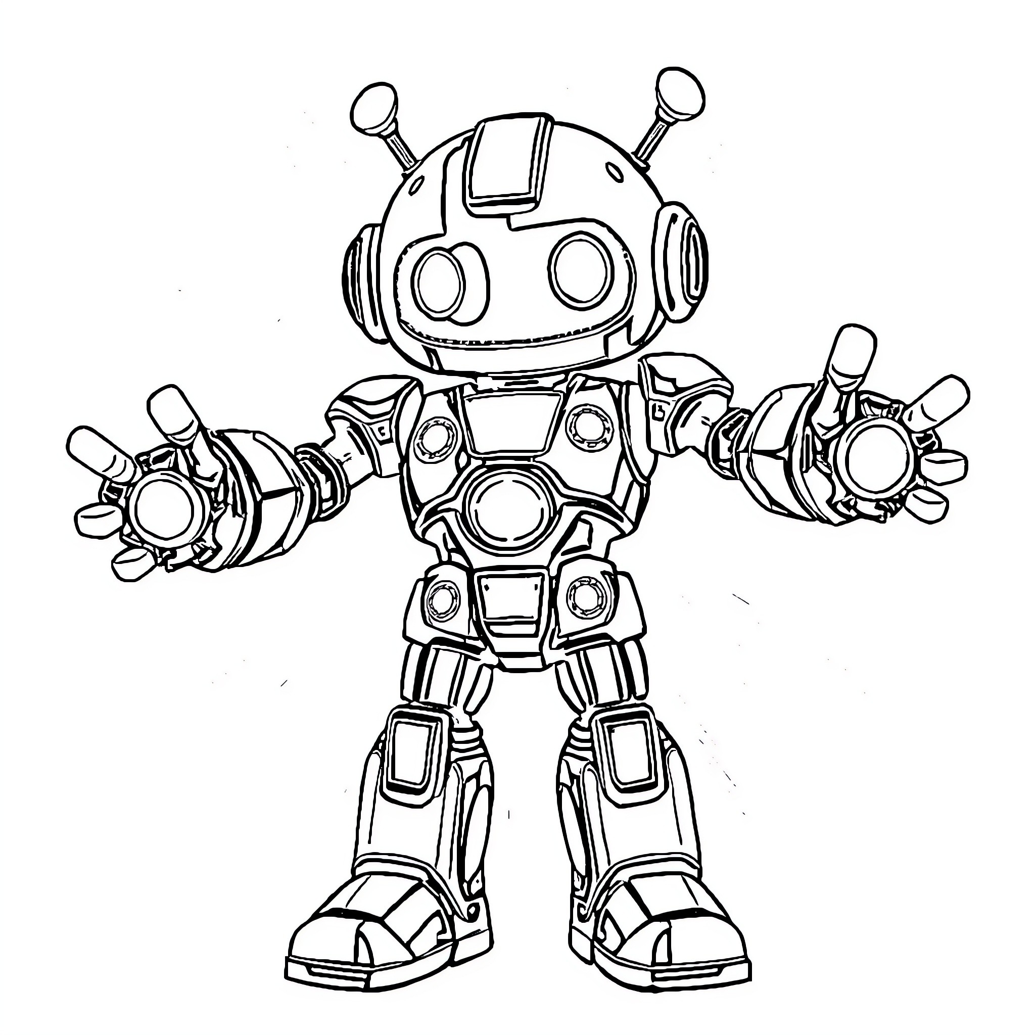 Robot with Mechanical Arms and Accessories Coloring Page (free black-and-white line drawing printable PDF for all, from beginners to advanced learners, including children, teens, adults, and seniors)