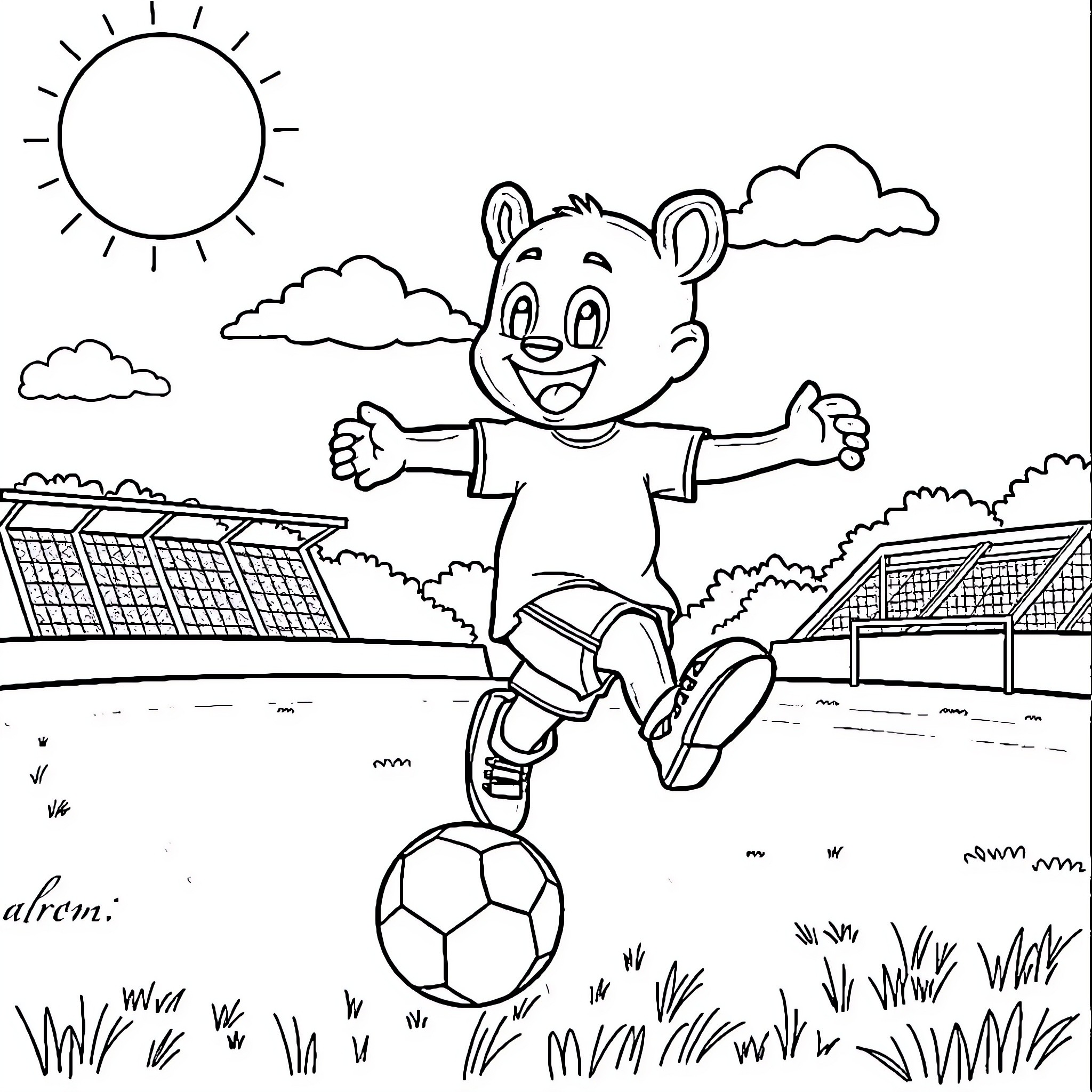 Bluey playing happily with soccer ball in the park Coloring Page (free black-and-white line drawing printable PDF for all, from beginners to advanced learners, including children, teens, adults, and seniors)