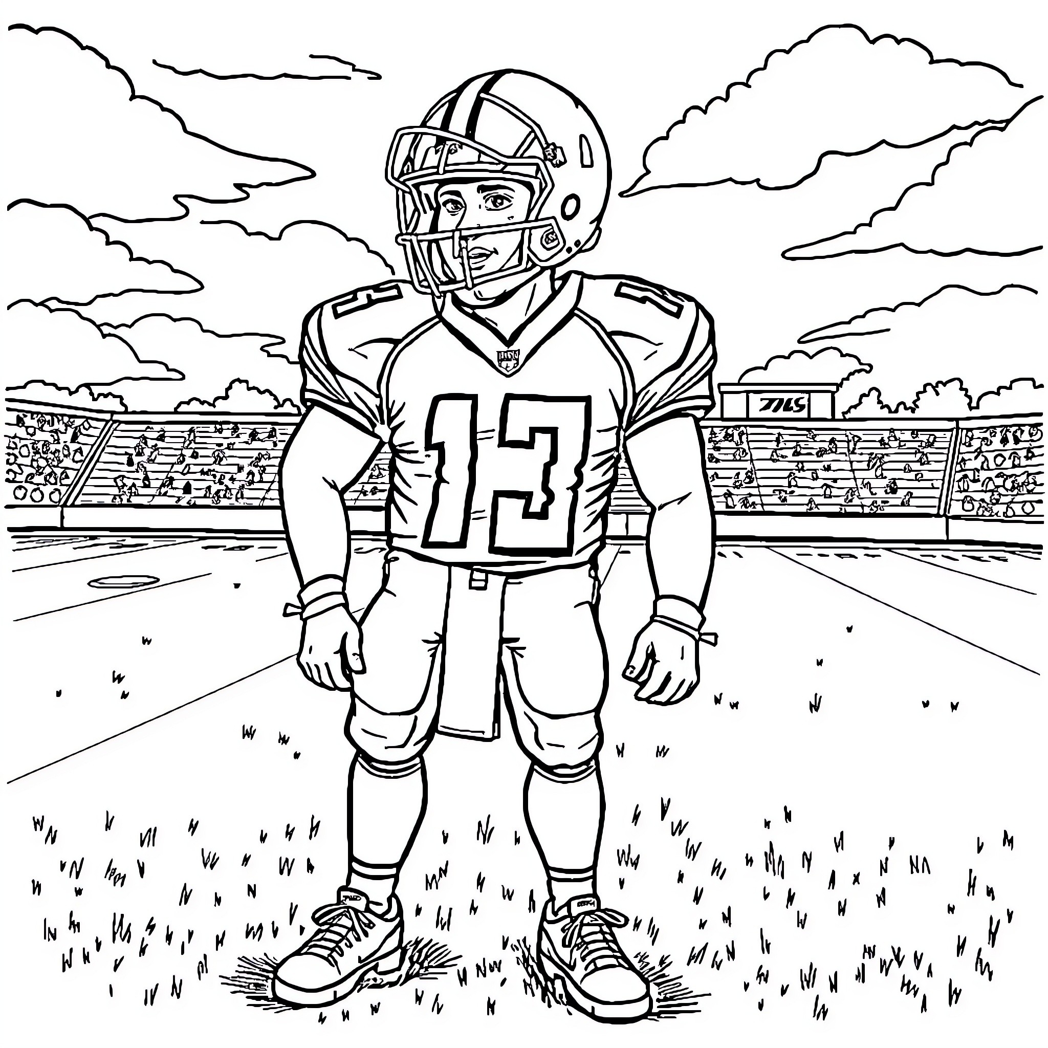 Travis Hunter in football gear on the field Coloring Page (free black-and-white line drawing printable PDF for all, from beginners to advanced learners, including children, teens, adults, and seniors)