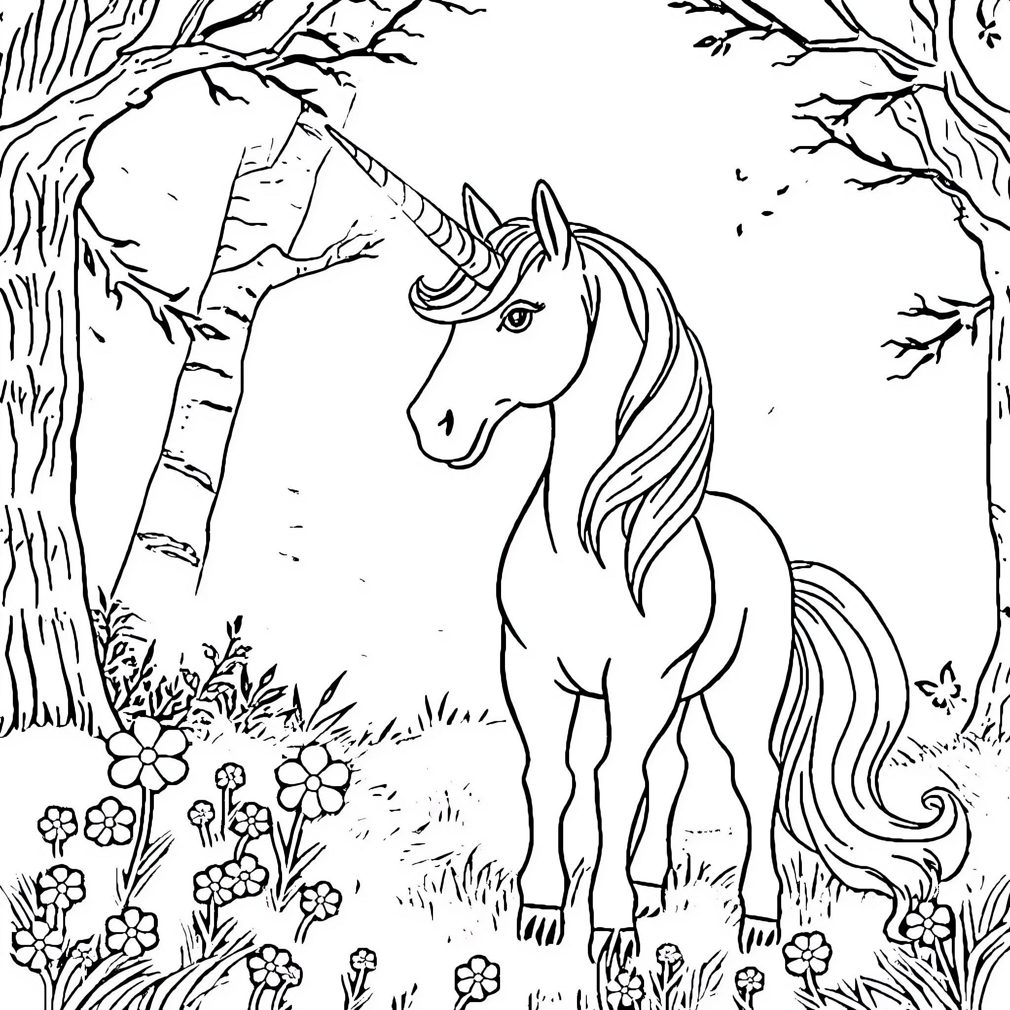 Unicorn standing in enchanted forest Coloring Page (free black-and-white line drawing printable PDF for all, from beginners to advanced learners, including children, teens, adults, and seniors)