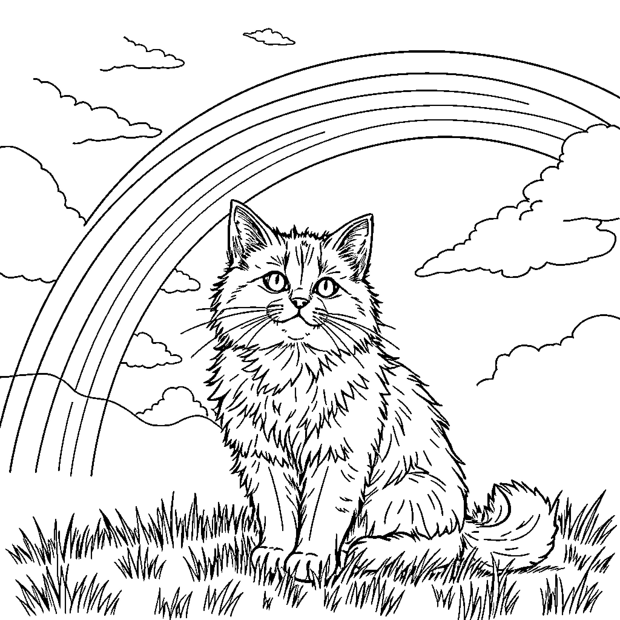 Cat relaxing under a rainbow in nature Coloring Page (free black-and-white line drawing printable PDF for all, from beginners to advanced learners, including children, teens, adults, and seniors)