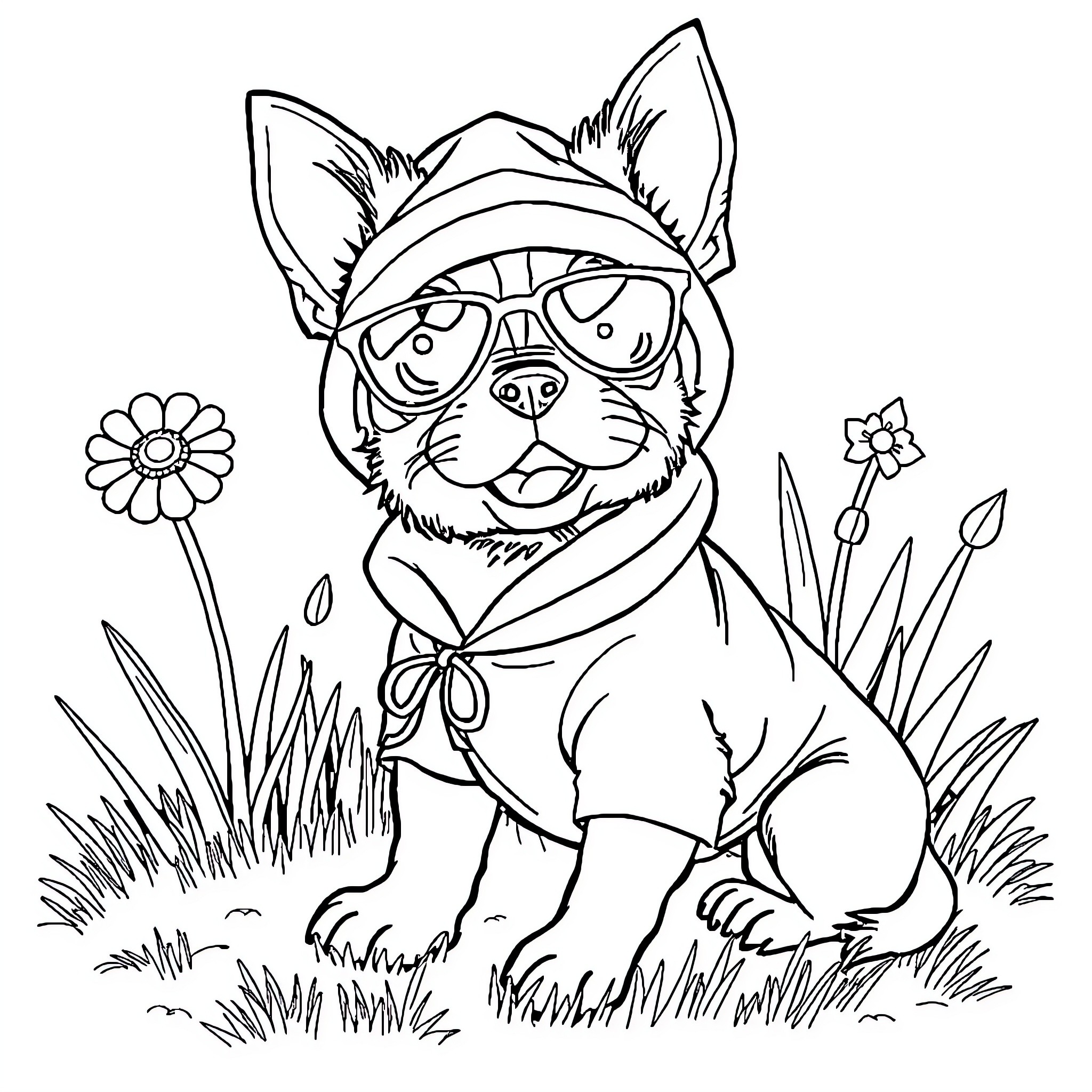 Perro enjoying outdoor adventure with accessories Coloring Page (free black-and-white line drawing printable PDF for all, from beginners to advanced learners, including children, teens, adults, and seniors)