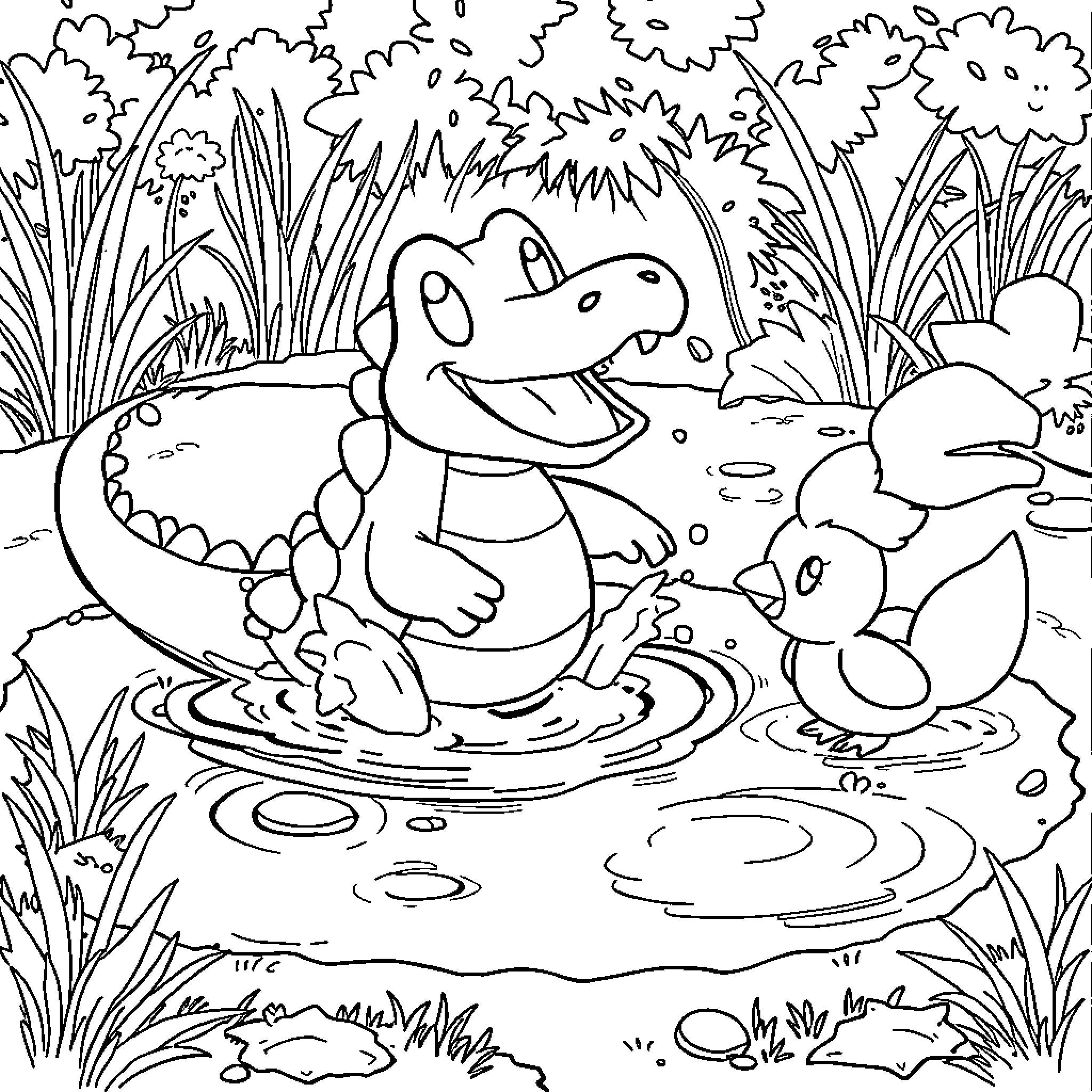 Totodile enjoying a day in the pond Coloring Page (free black-and-white line drawing printable PDF for all, from beginners to advanced learners, including children, teens, adults, and seniors)
