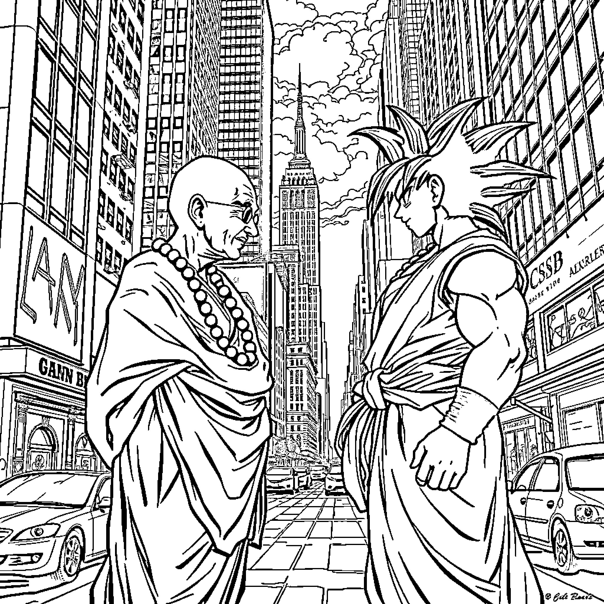 Gandhi in conversation with a city dweller Coloring Page (free black-and-white line drawing printable PDF for all, from beginners to advanced learners, including children, teens, adults, and seniors)