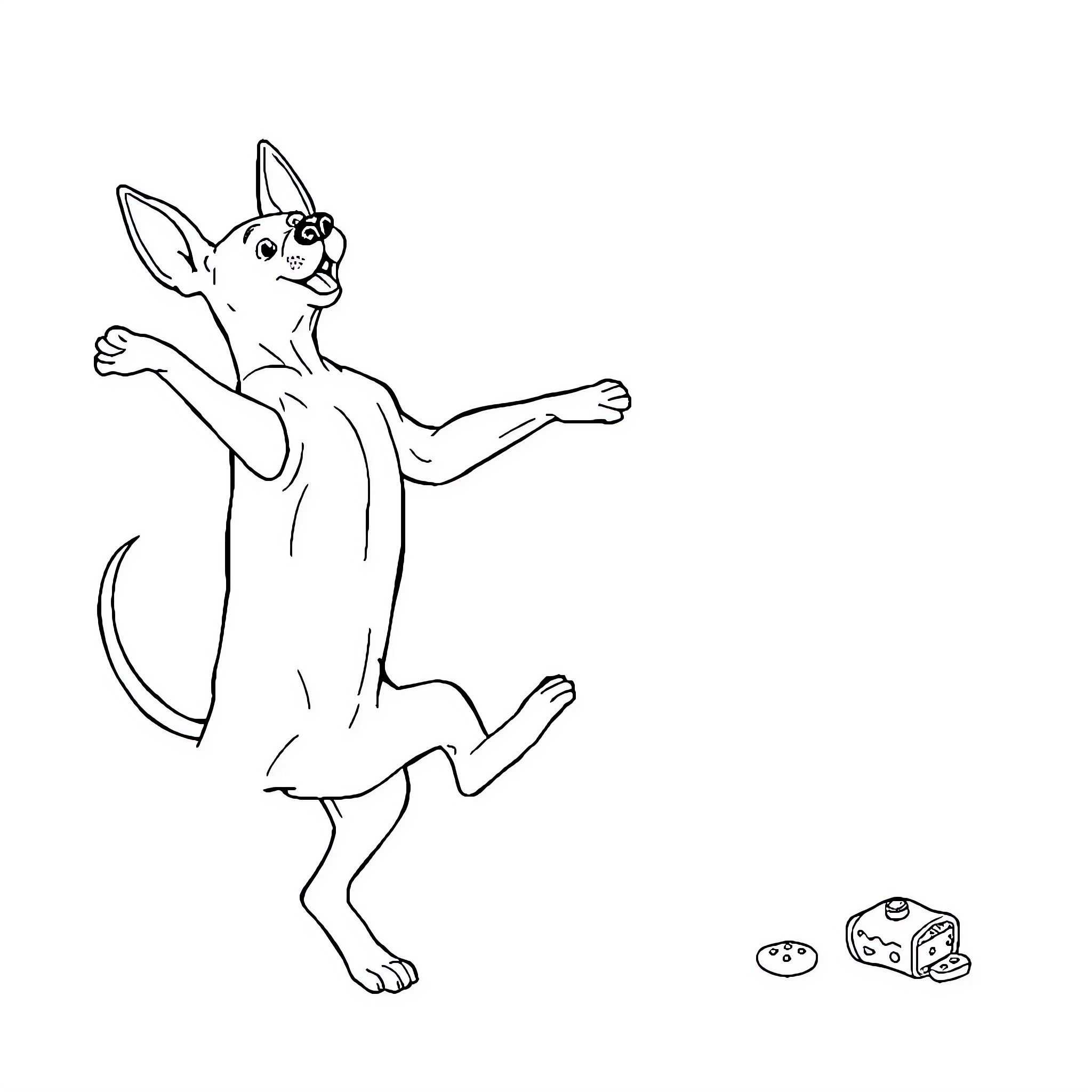 Dog jumping excitedly with toys Coloring Page (free black-and-white line drawing printable PDF for all, from beginners to advanced learners, including children, teens, adults, and seniors)