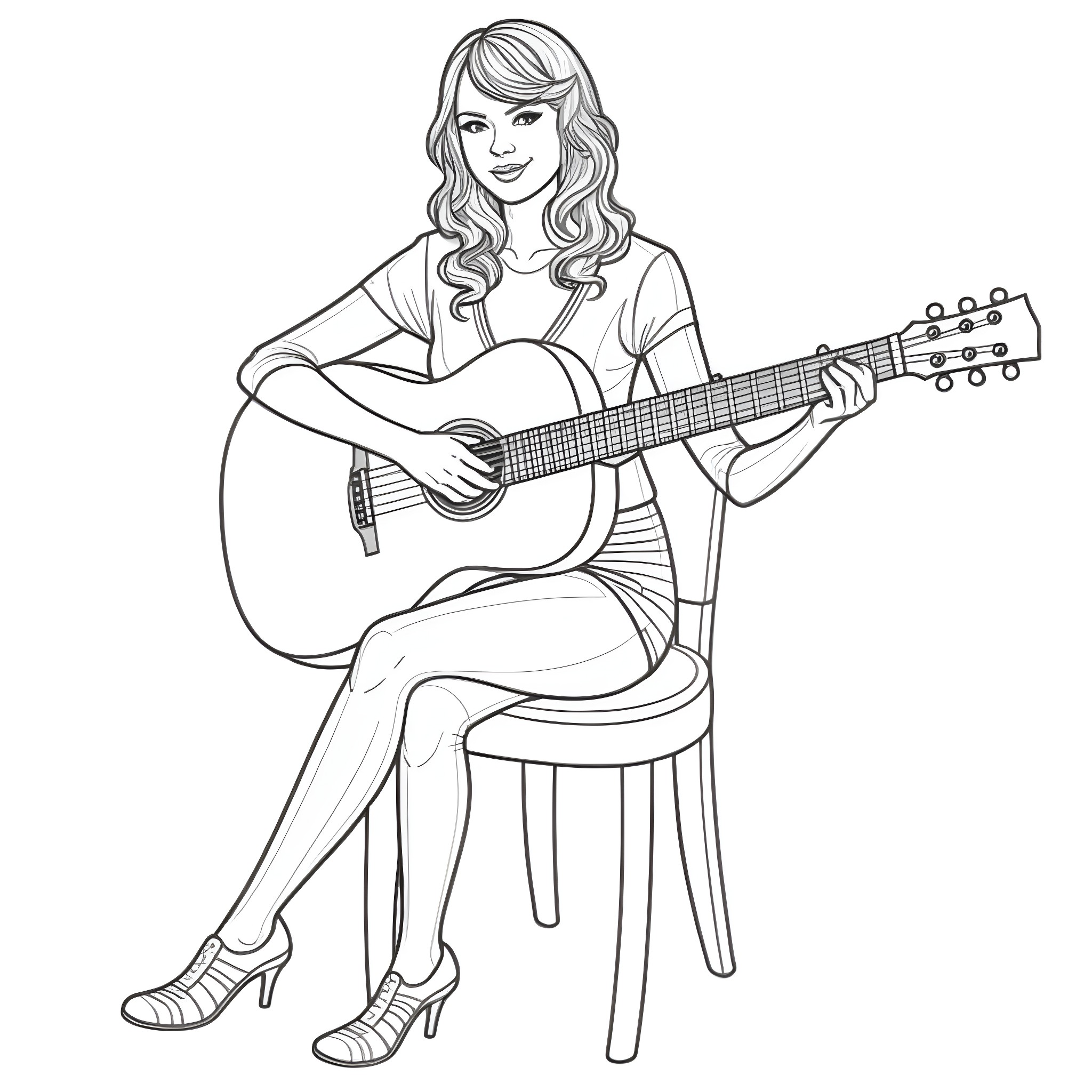 Taylor Swift playing guitar and singing Coloring Page (free black-and-white line drawing printable PDF for all, from beginners to advanced learners, including children, teens, adults, and seniors)