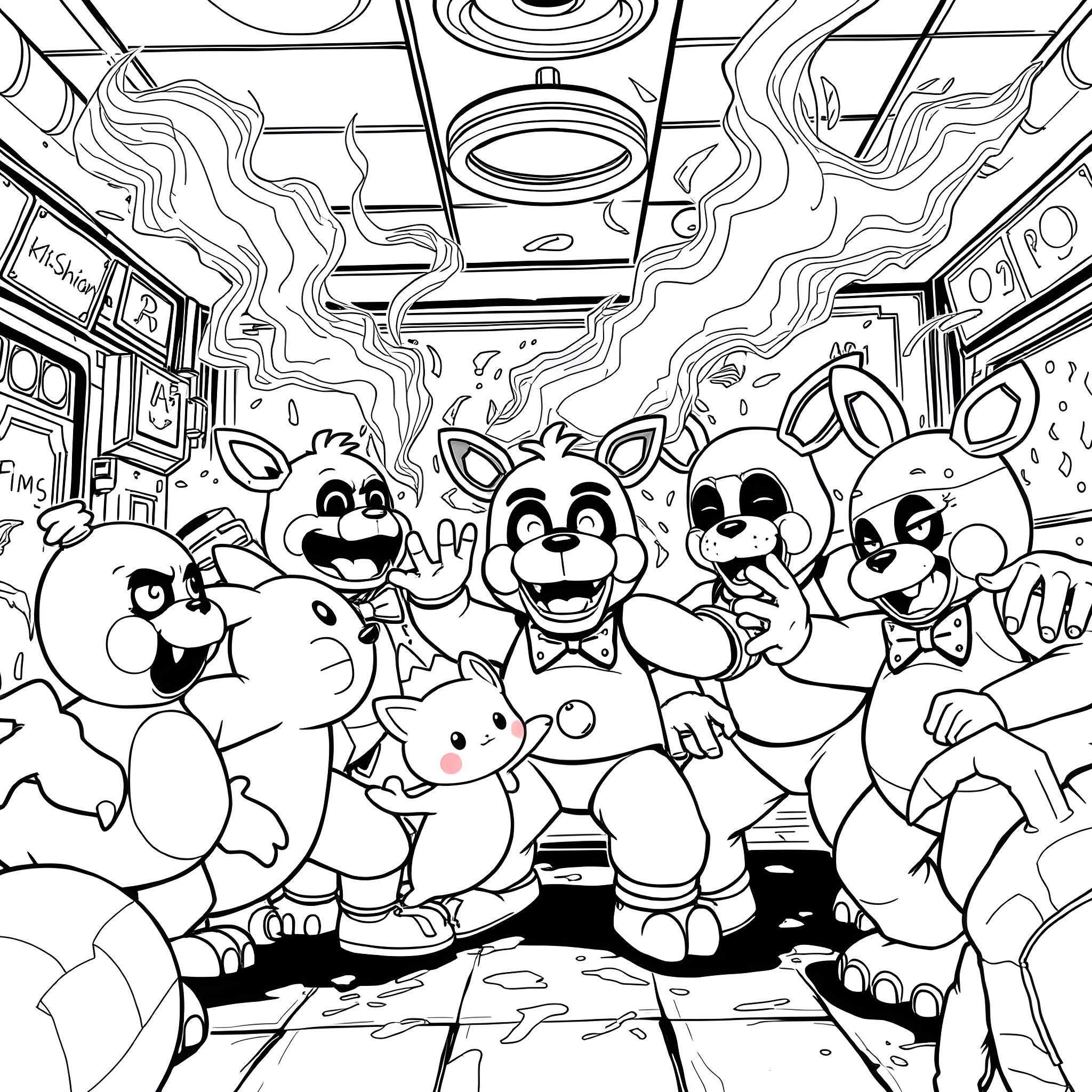 Pokémon characters in a lively scene Coloring Page (free black-and-white line drawing printable PDF for all, from beginners to advanced learners, including children, teens, adults, and seniors)