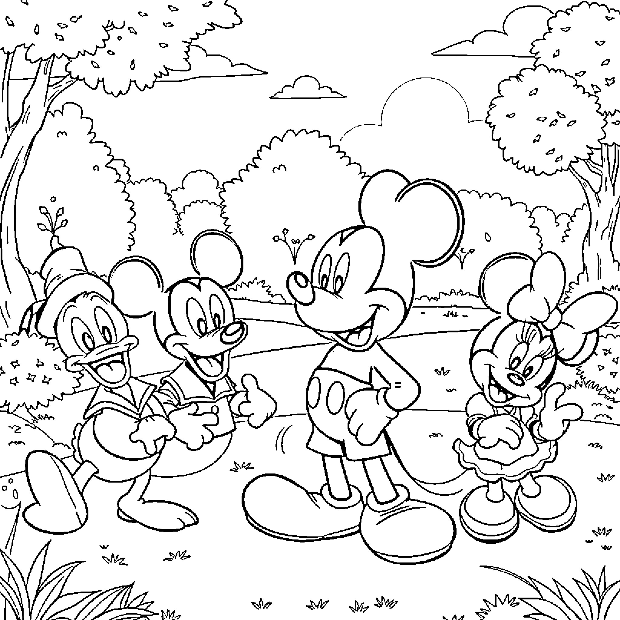Mickey Mouse and friends explore the enchanted forest Coloring Page (free black-and-white line drawing printable PDF for all, from beginners to advanced learners, including children, teens, adults, and seniors)