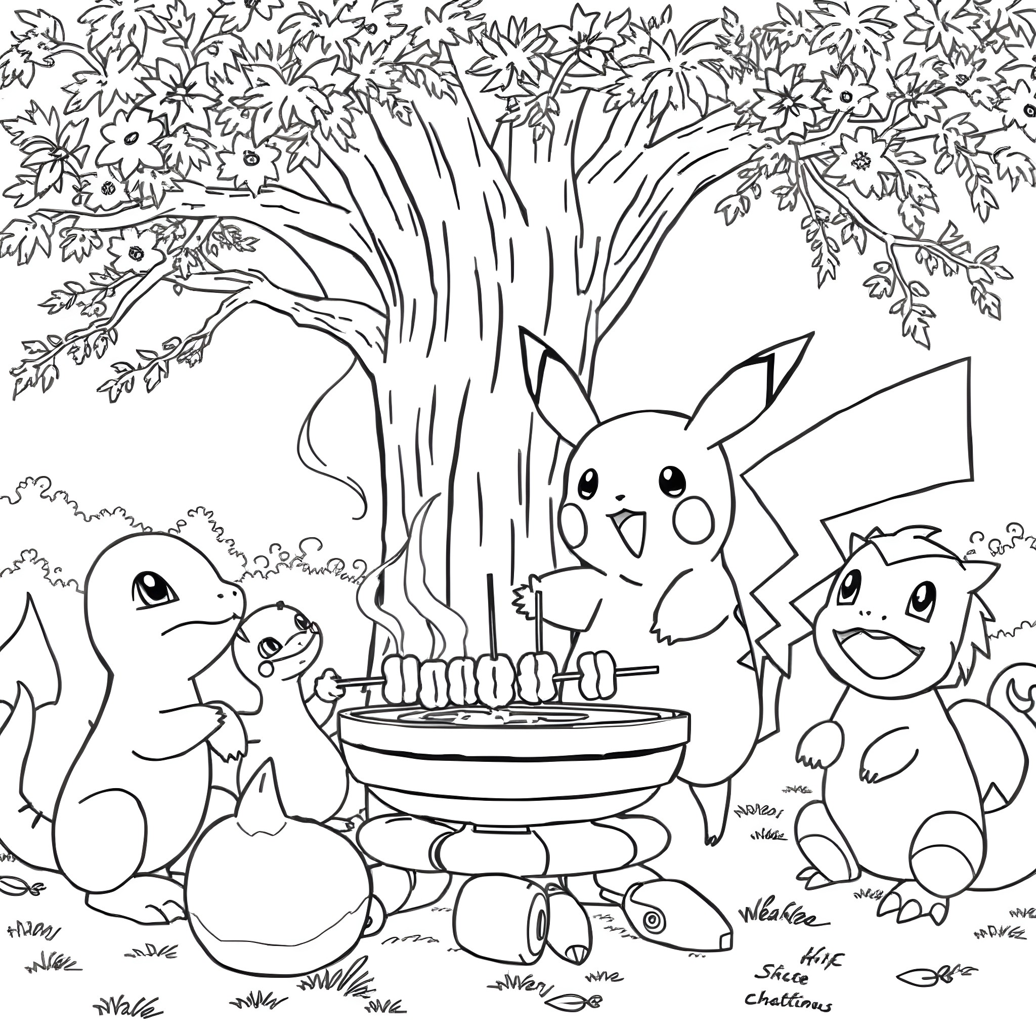 Pikachu's Outdoor Adventure with Friends Coloring Page (free black-and-white line drawing printable PDF for all, from beginners to advanced learners, including children, teens, adults, and seniors)