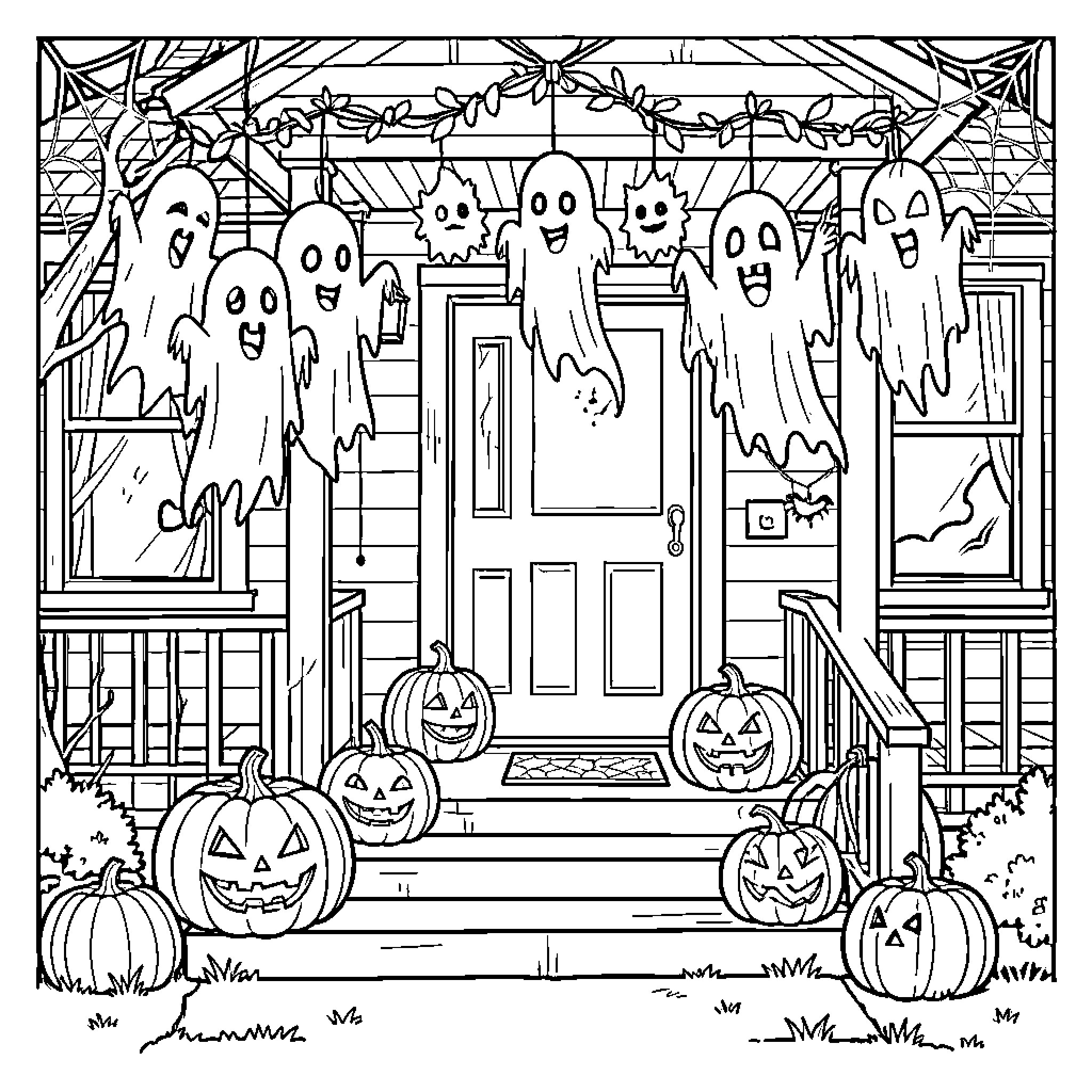 Halloween ghosts floating around a porch decorated with pumpkins Coloring Page (free black-and-white line drawing printable PDF for all, from beginners to advanced learners, including children, teens, adults, and seniors)