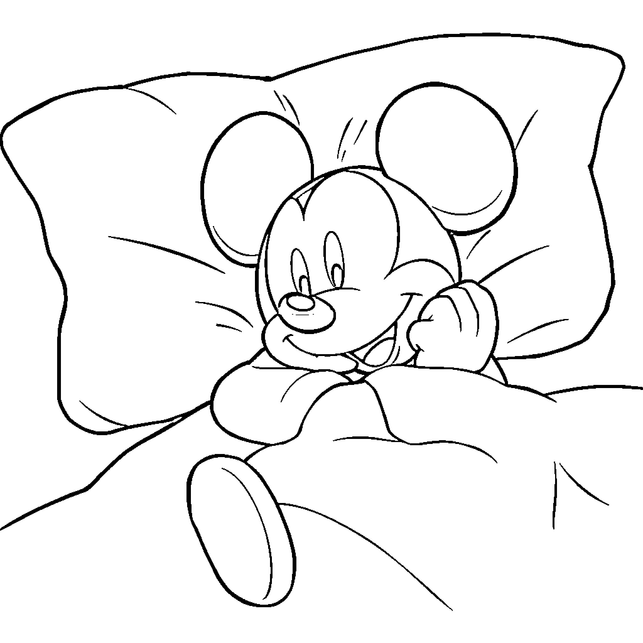 Mickey Mouse sleeping peacefully in bed Coloring Page (free black-and-white line drawing printable PDF for all, from beginners to advanced learners, including children, teens, adults, and seniors)