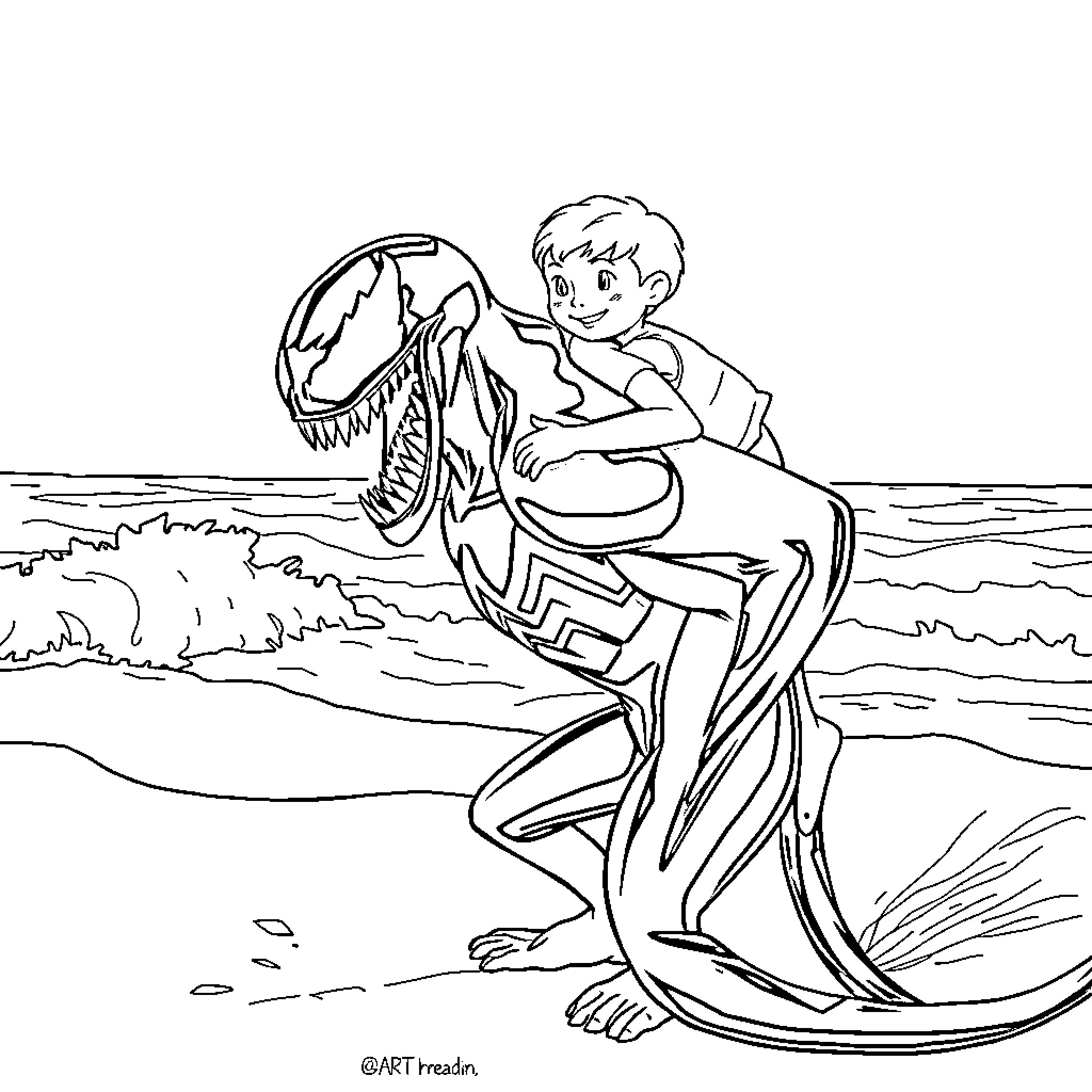 Venom symbiote bonding with a human on the beach Coloring Page (free black-and-white line drawing printable PDF for all, from beginners to advanced learners, including children, teens, adults, and seniors)