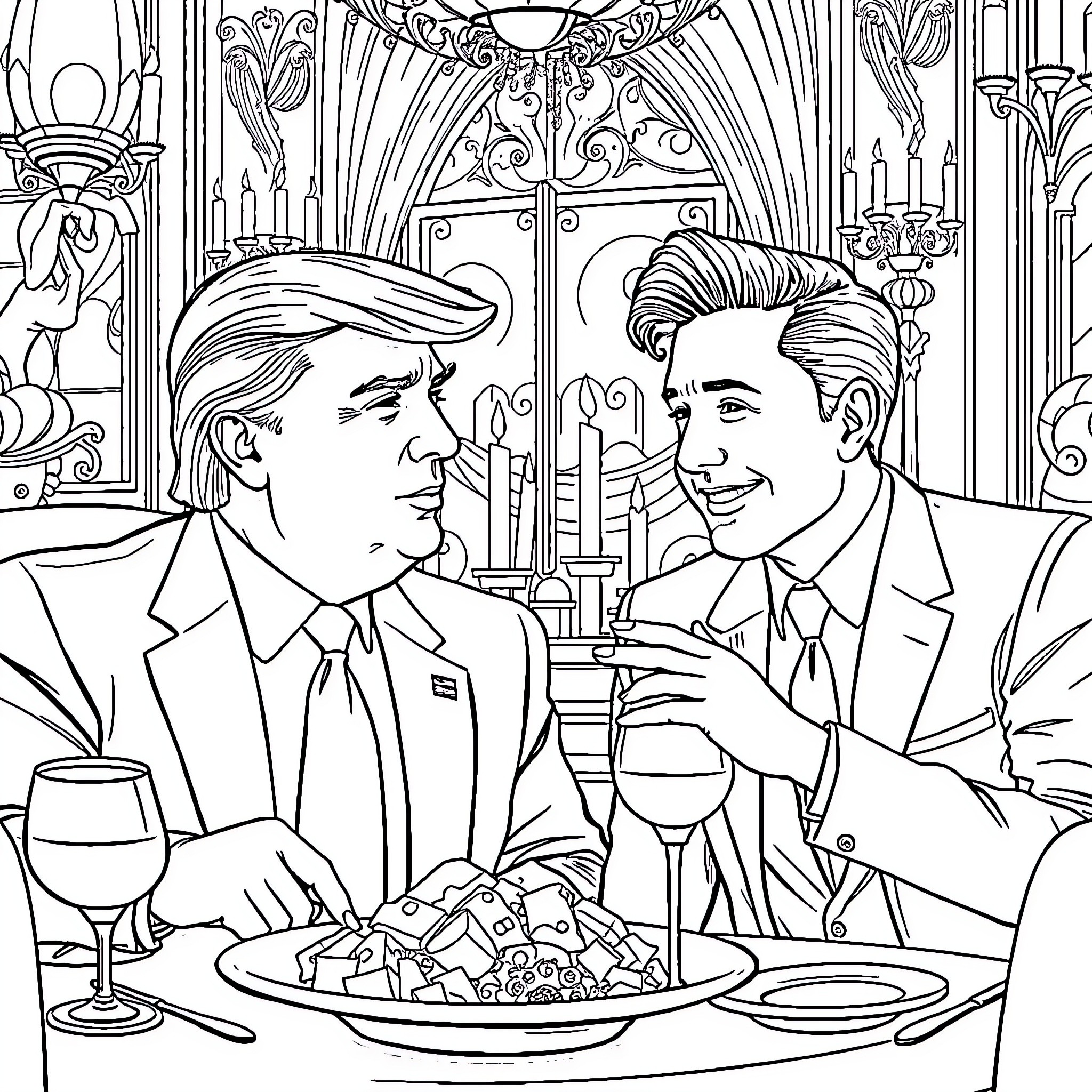 Donald Trump and Companion Dining at Ornate Restaurant Coloring Page (free black-and-white line drawing printable PDF for all, from beginners to advanced learners, including children, teens, adults, and seniors)